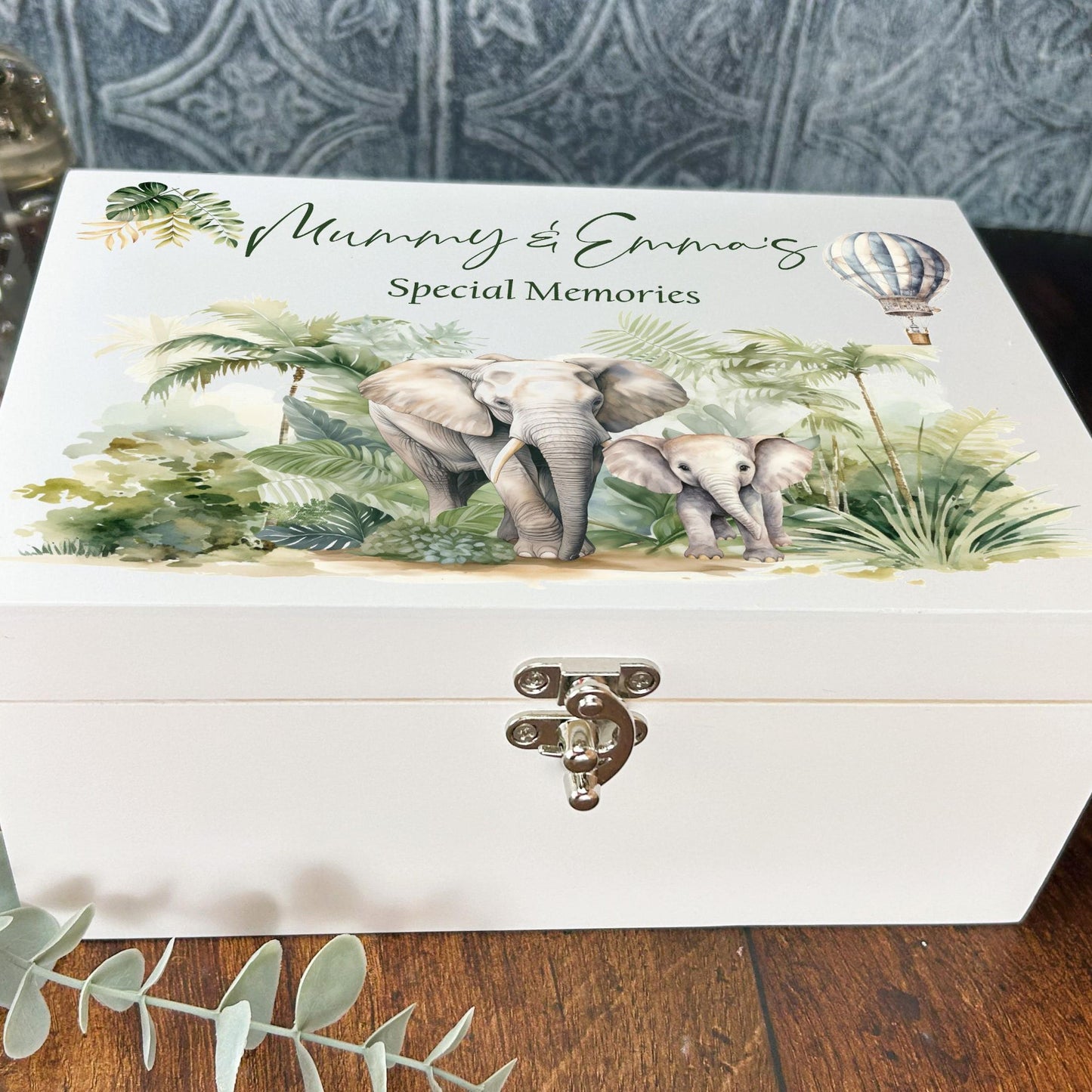 Safari Elephant White Memory Keepsake Storage Box - Personalised Gift