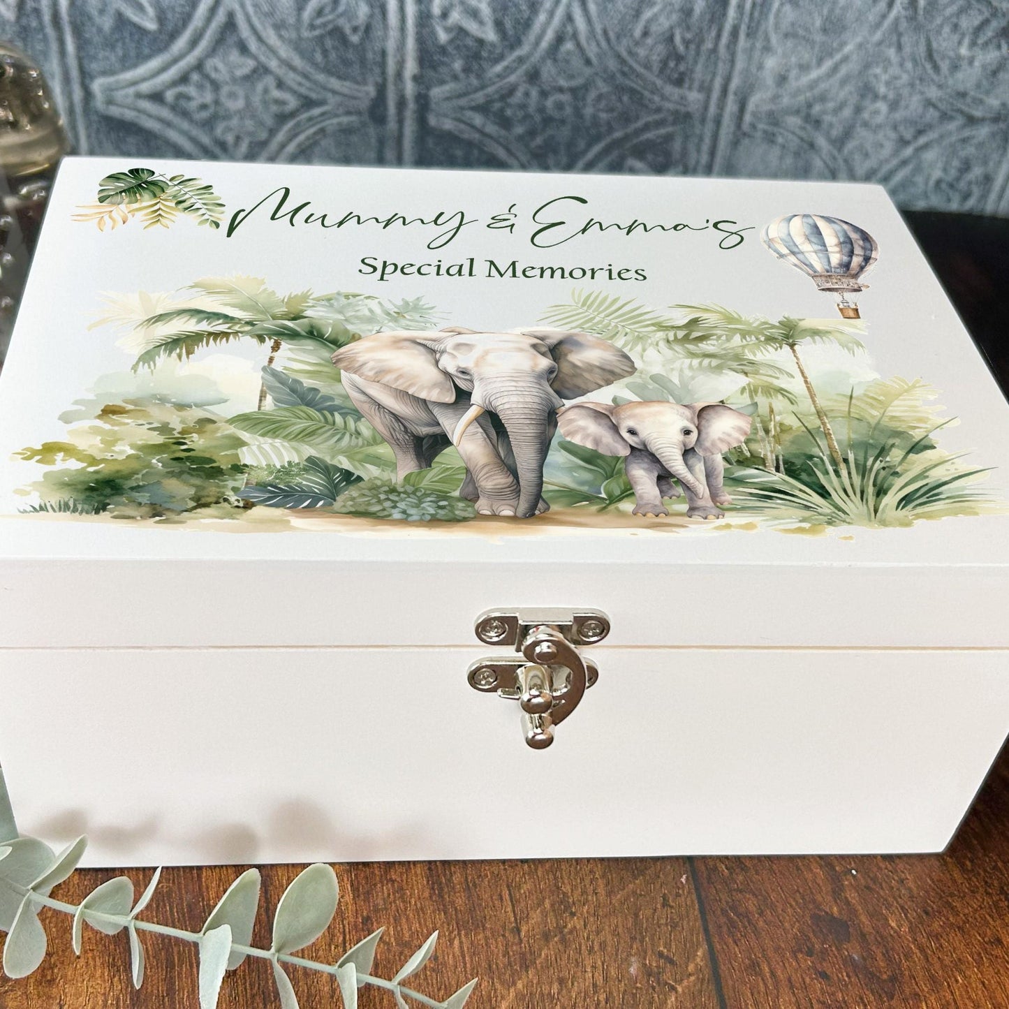 Safari Elephant White Memory Keepsake Storage Box - Personalised Gift