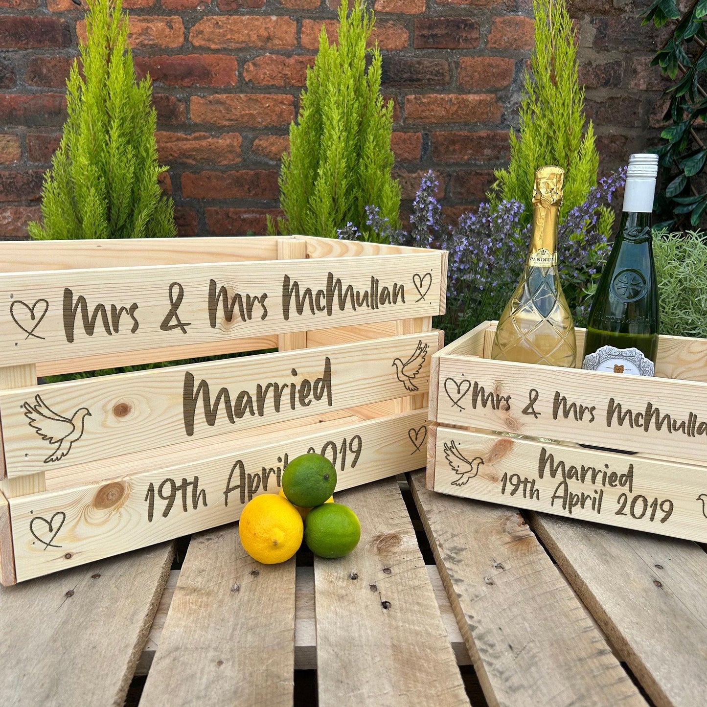 Mr & Mrs Married - Doves Hearts Design - Personalised Wooden Crate Hamper Gift