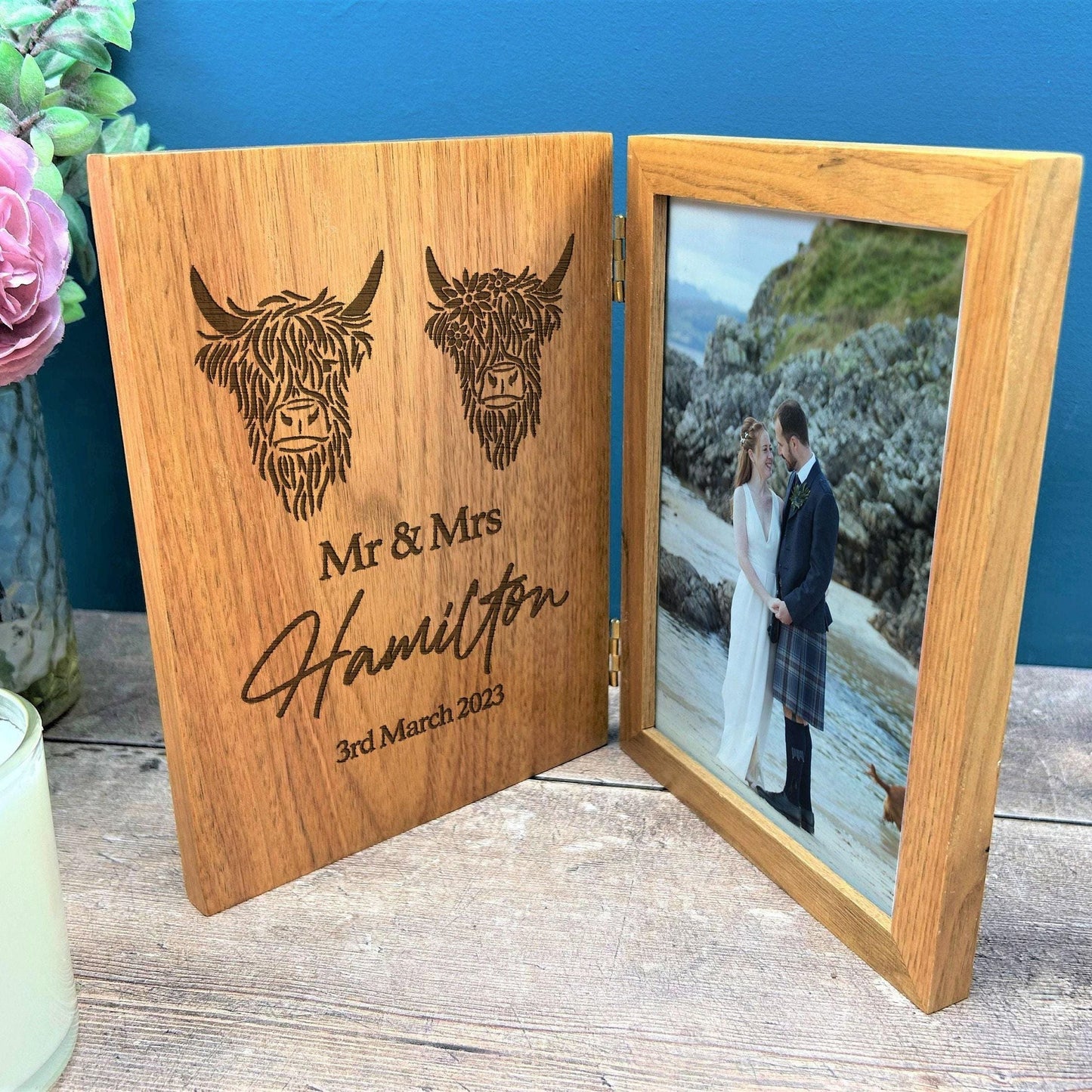 Mr & Mrs Highland Cow Design Personalised Oak Photo Frame - Wedding Gift