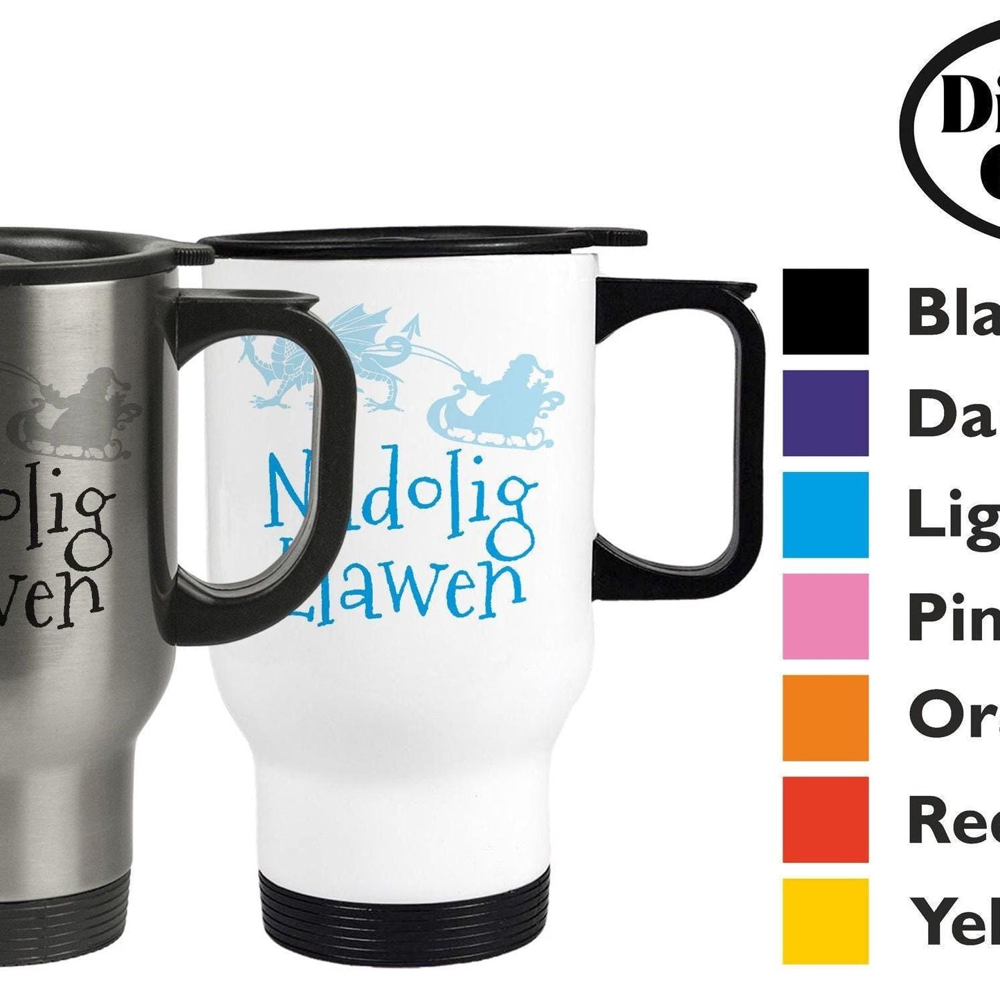 Nadolig Llawen Dragon Santa Sleigh - Welsh Language Dialect - Personalised Travel Mug
