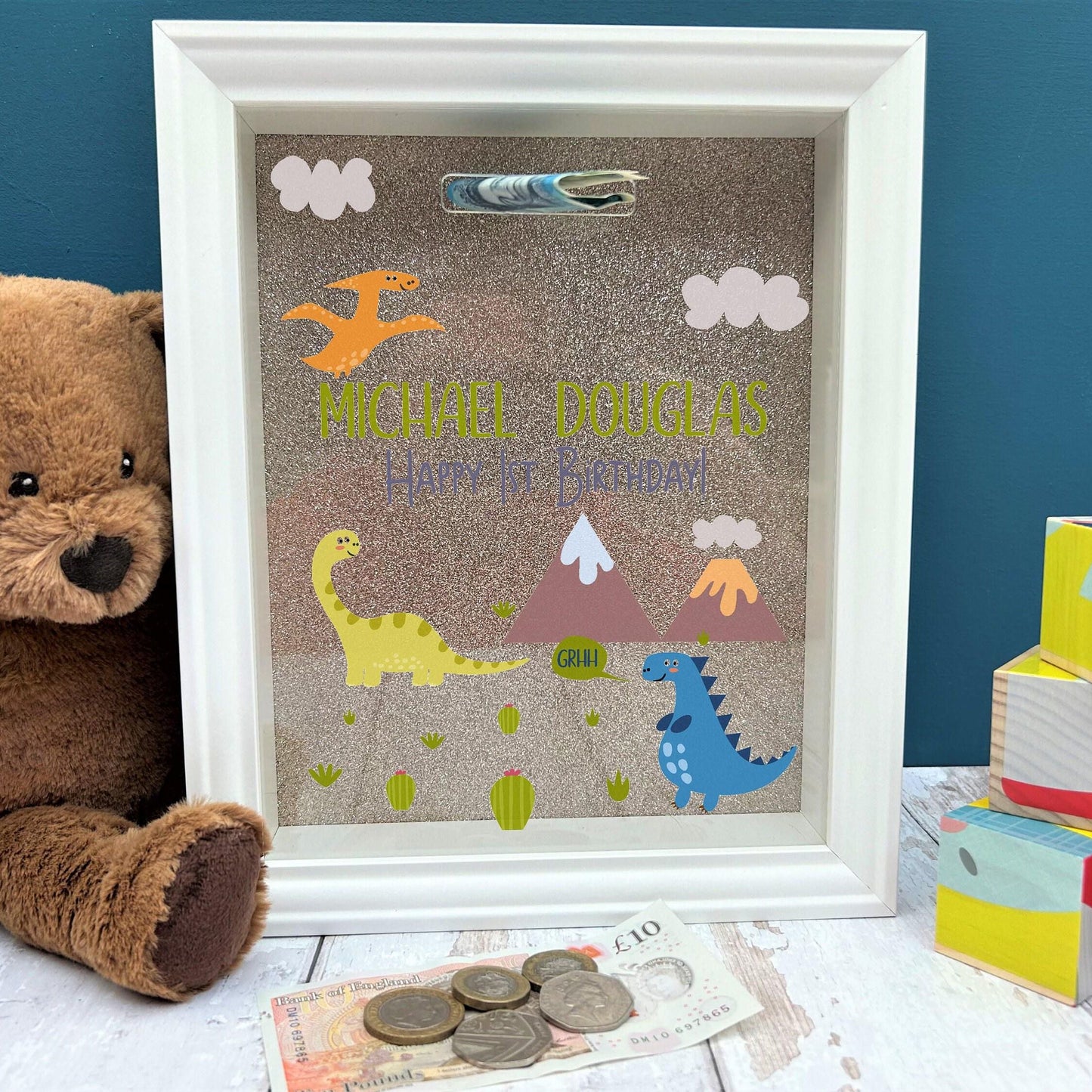 Dinosaur Money Savings Box - Personalised New Baby Christening Gift