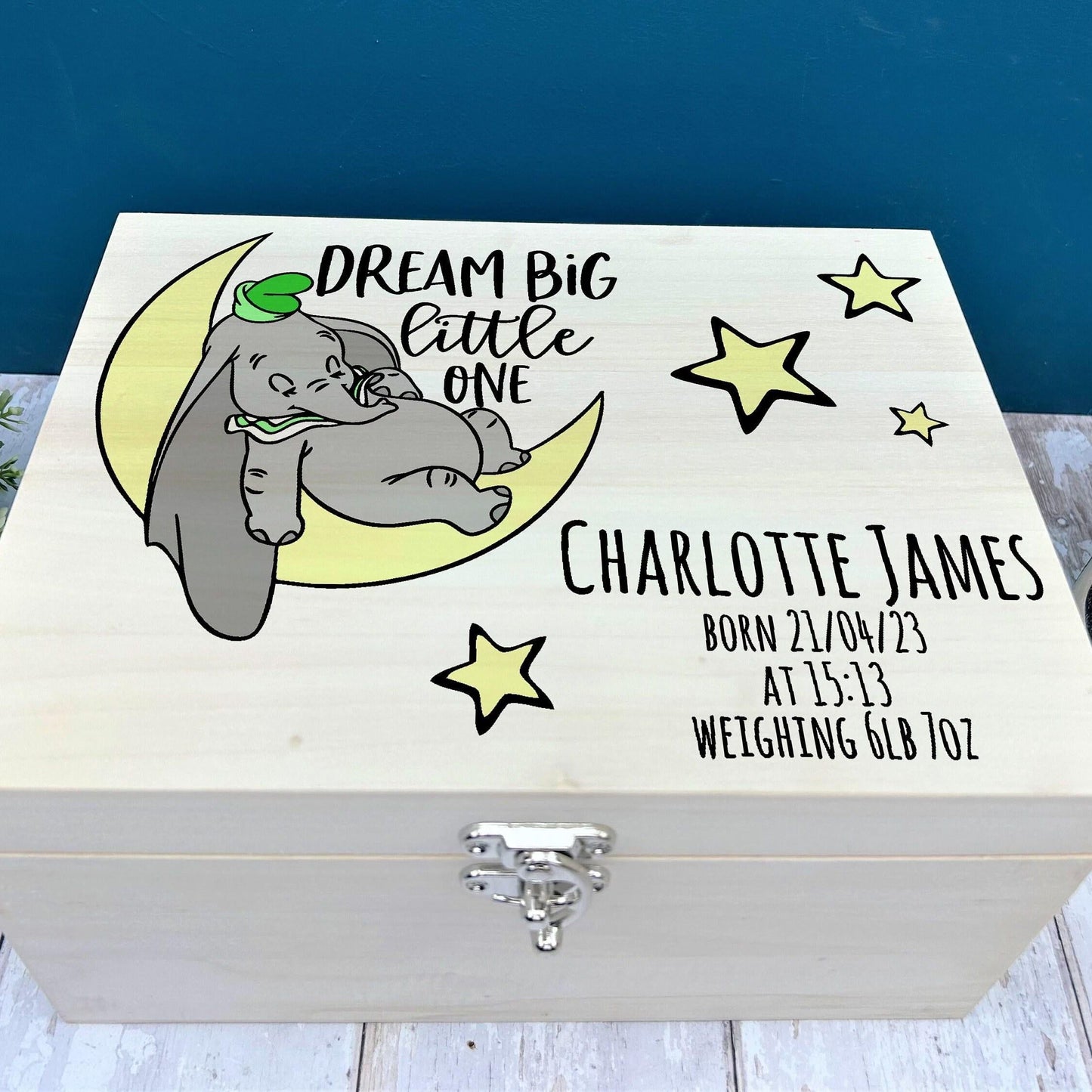 Dumbo Dream Big Little One Christening Day Personalised Wooden Box