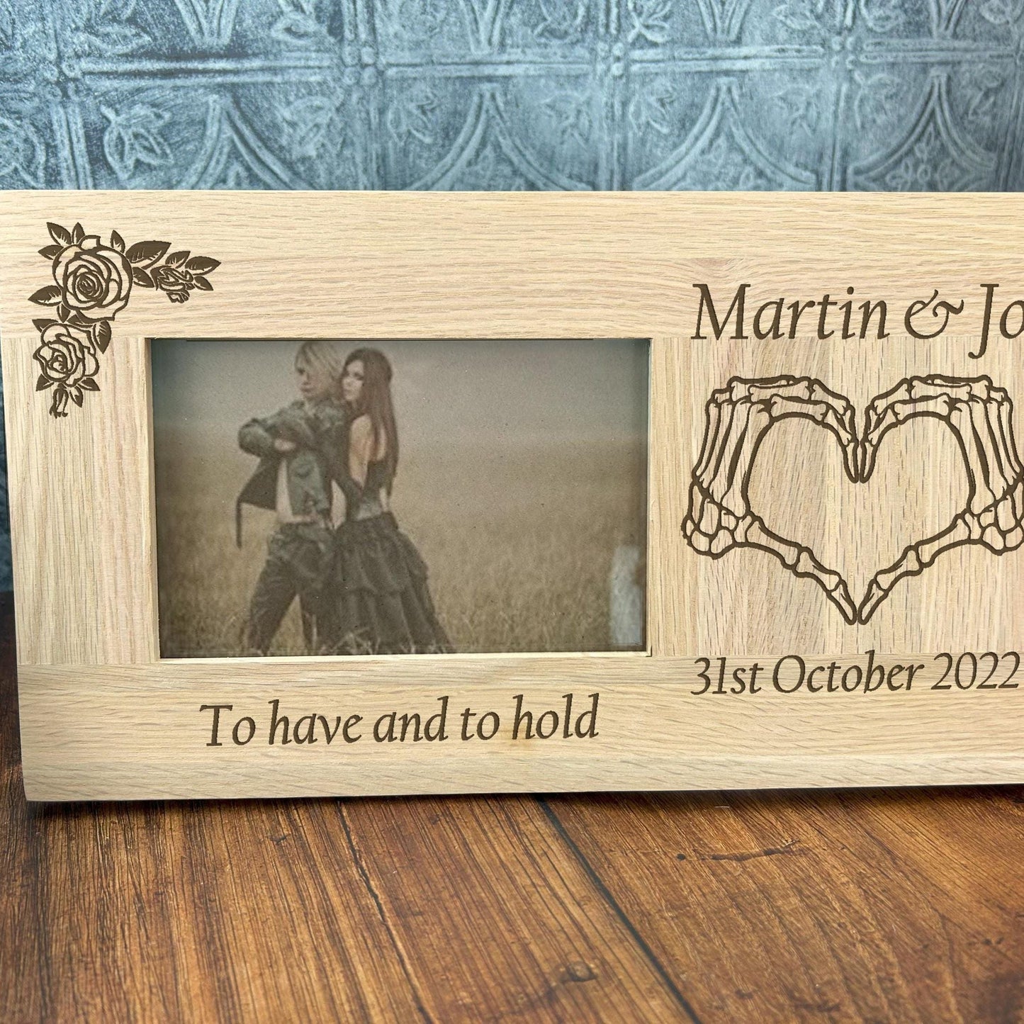 Bone Heart Hands Couple Oak Photo Frame - Wedding Anniversary Personalised Gift