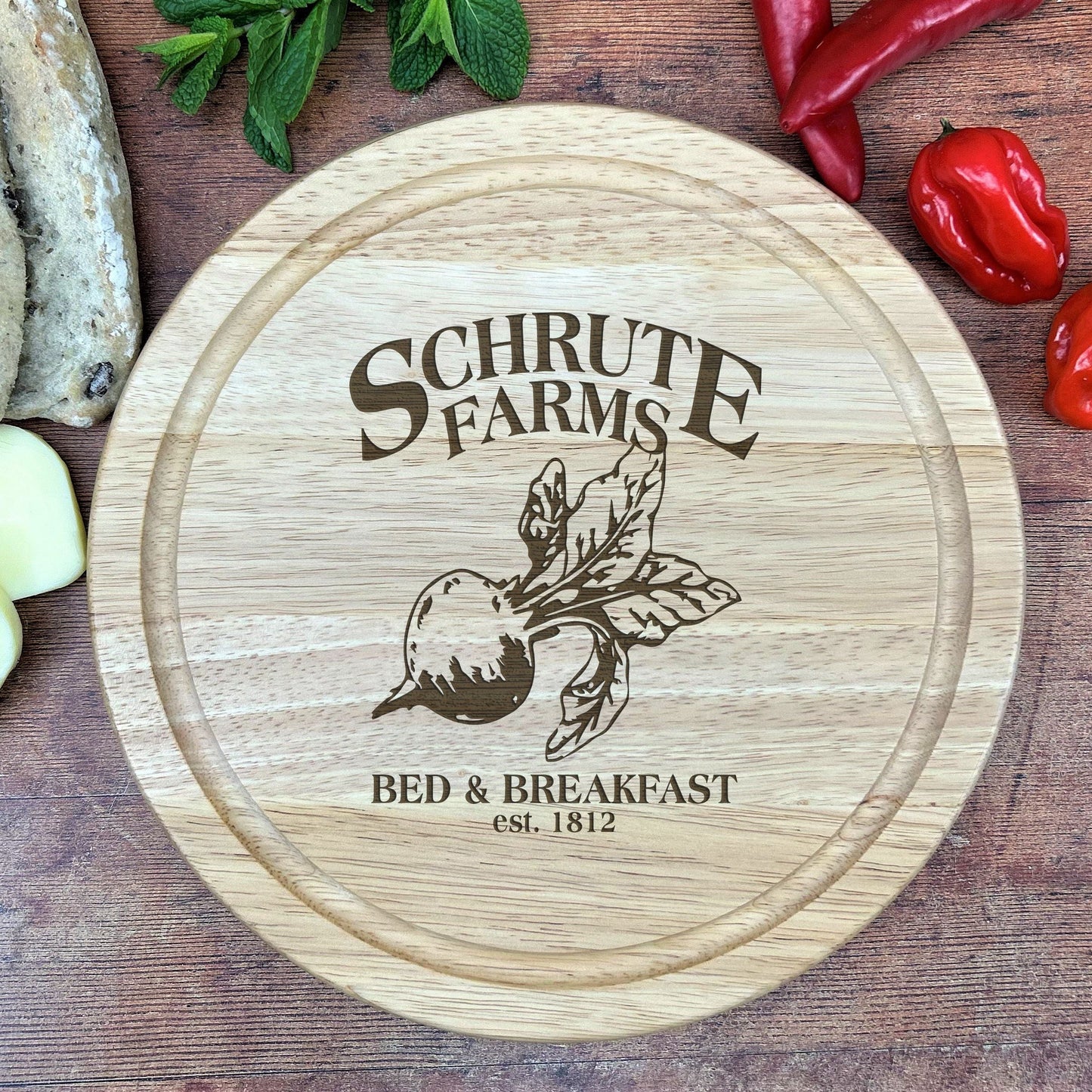 a cutting board with a logo on it