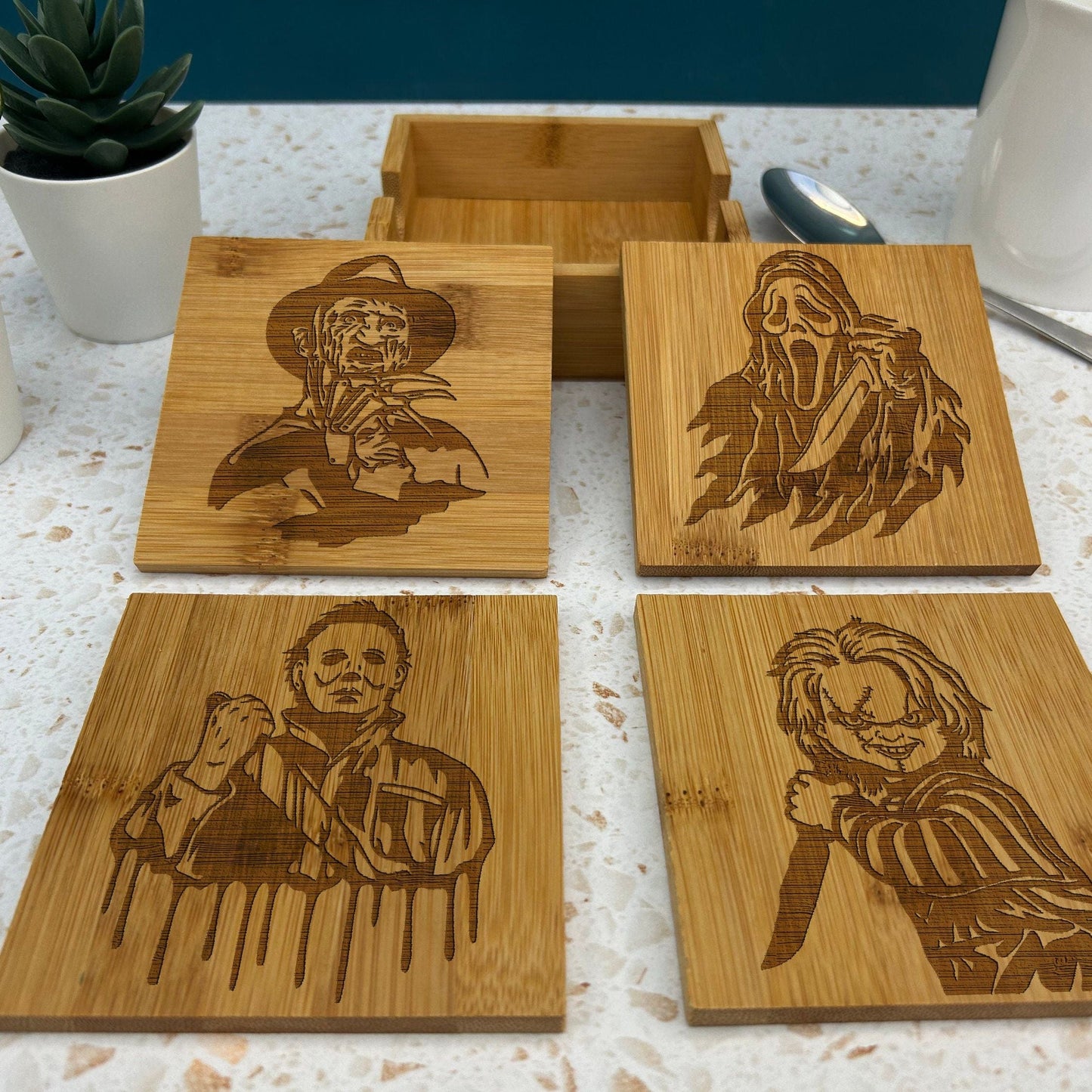 Horror Movie Characters Coaster Set Home Décor House Warming Gift Michael Myers Freddie Kruger Chucky Scream Christmas Gift Birthday Present