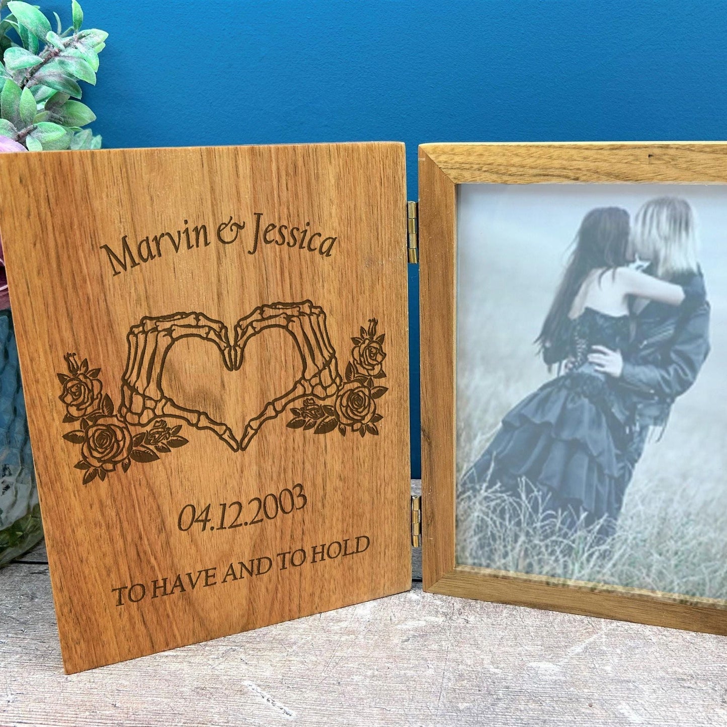 Bone Heart Hands Couple Oak Photo Frame - Wedding Anniversary Personalised Gift