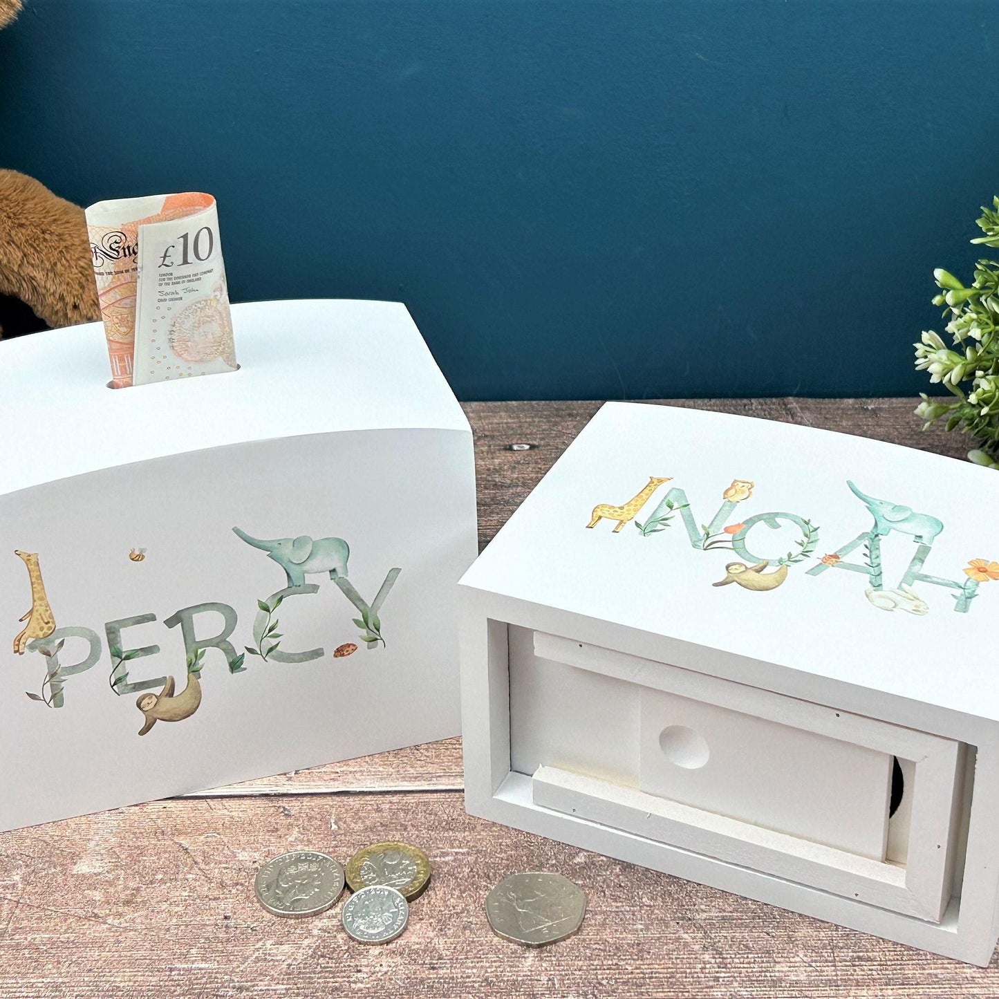 Watercolour Animal Theme Wooden Money Box - Personalised - Children's Saving - New Baby / Christening Gift