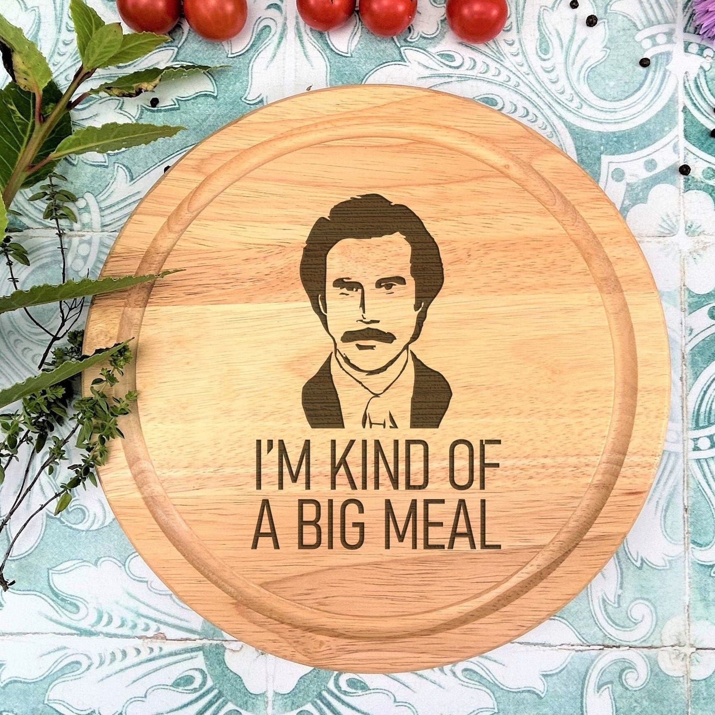a cutting board with a picture of a man on it