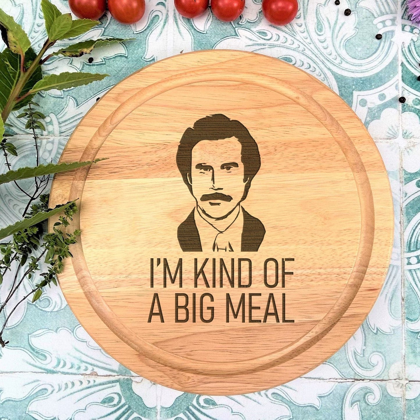 a cutting board with a picture of a man on it