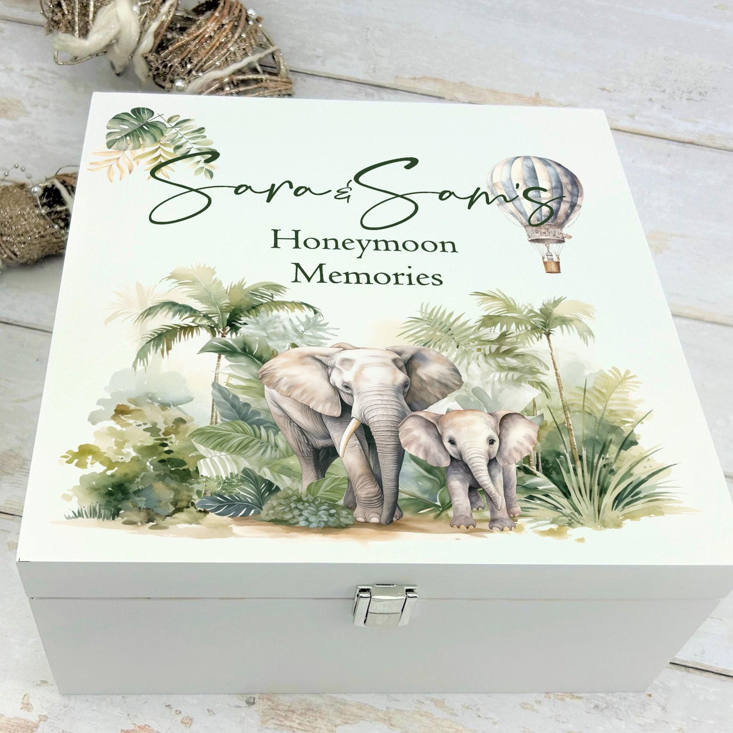 Safari Elephant White Memory Keepsake Storage Box - Personalised Gift