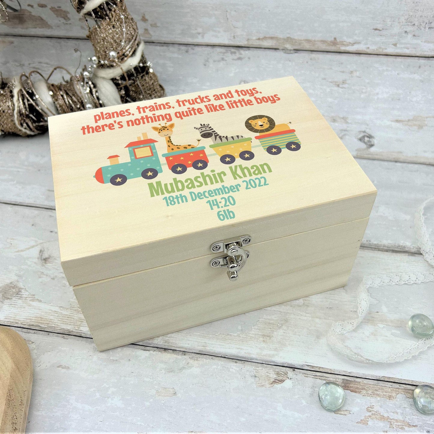 Train Boys Christening New Baby Wooden Memory Box Personalised Gift