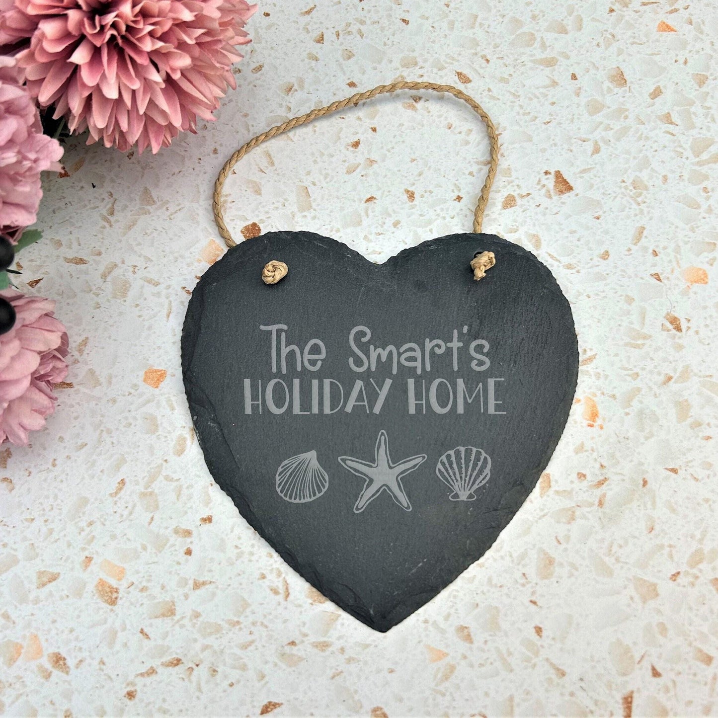 Seashell Holiday Home Sign - Beach Caravan House - Personalised Slate Heart Plaque
