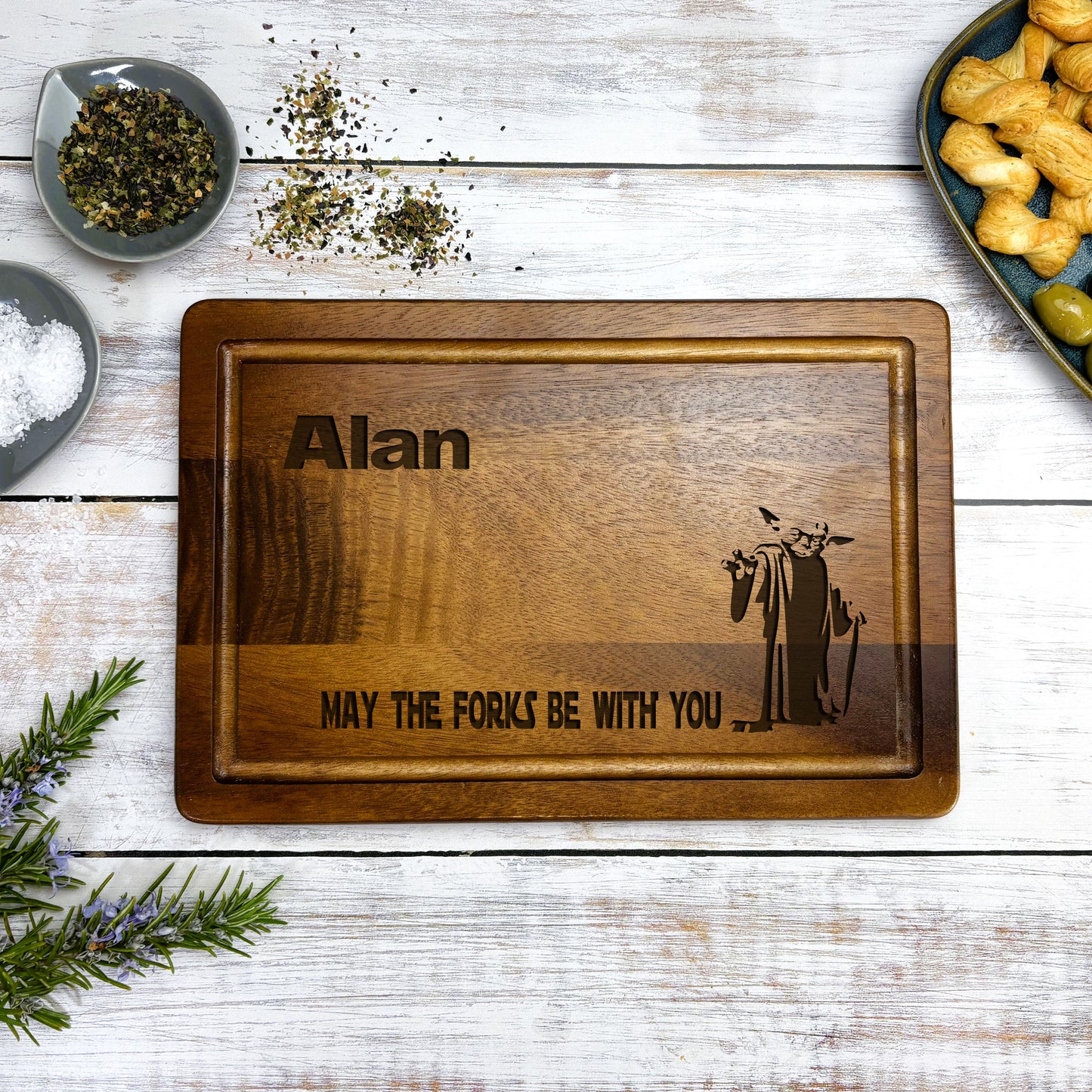 a wooden tray with a picture of a wizard on it