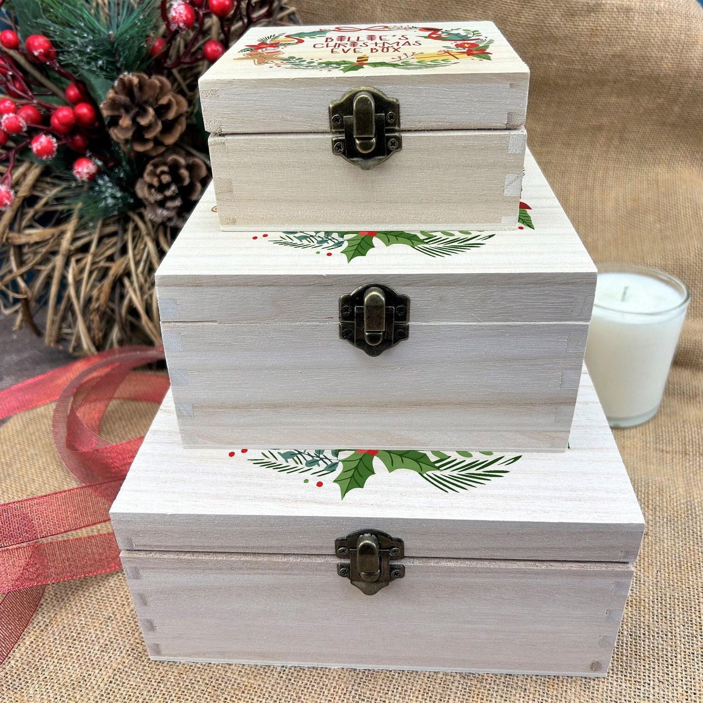 Wreath Personalised Wooden Christmas Eve Box