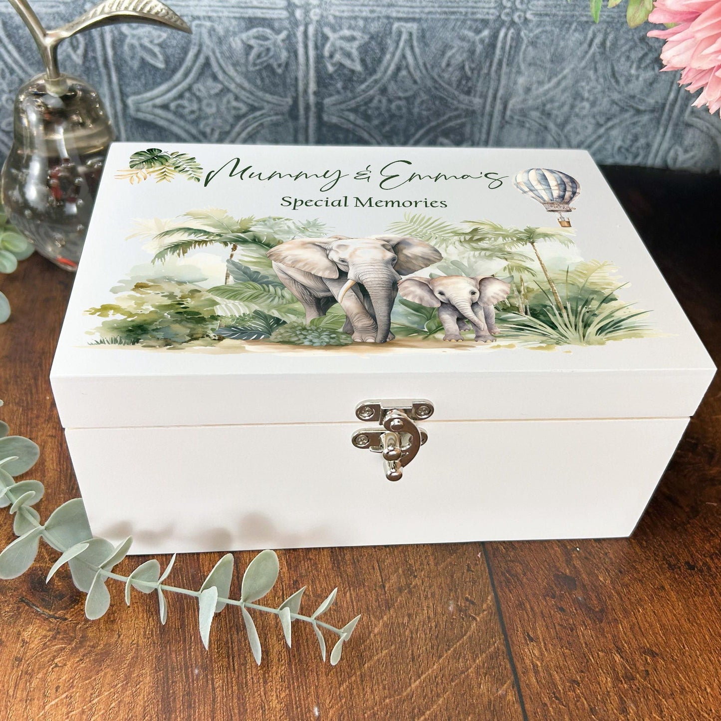 Safari Elephant White Memory Keepsake Storage Box - Personalised Gift