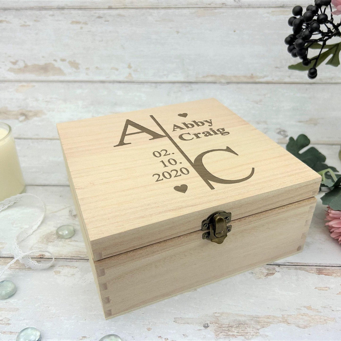 Initials and Date Wedding Day Wooden Memory Keepsake Box Wedding Gift