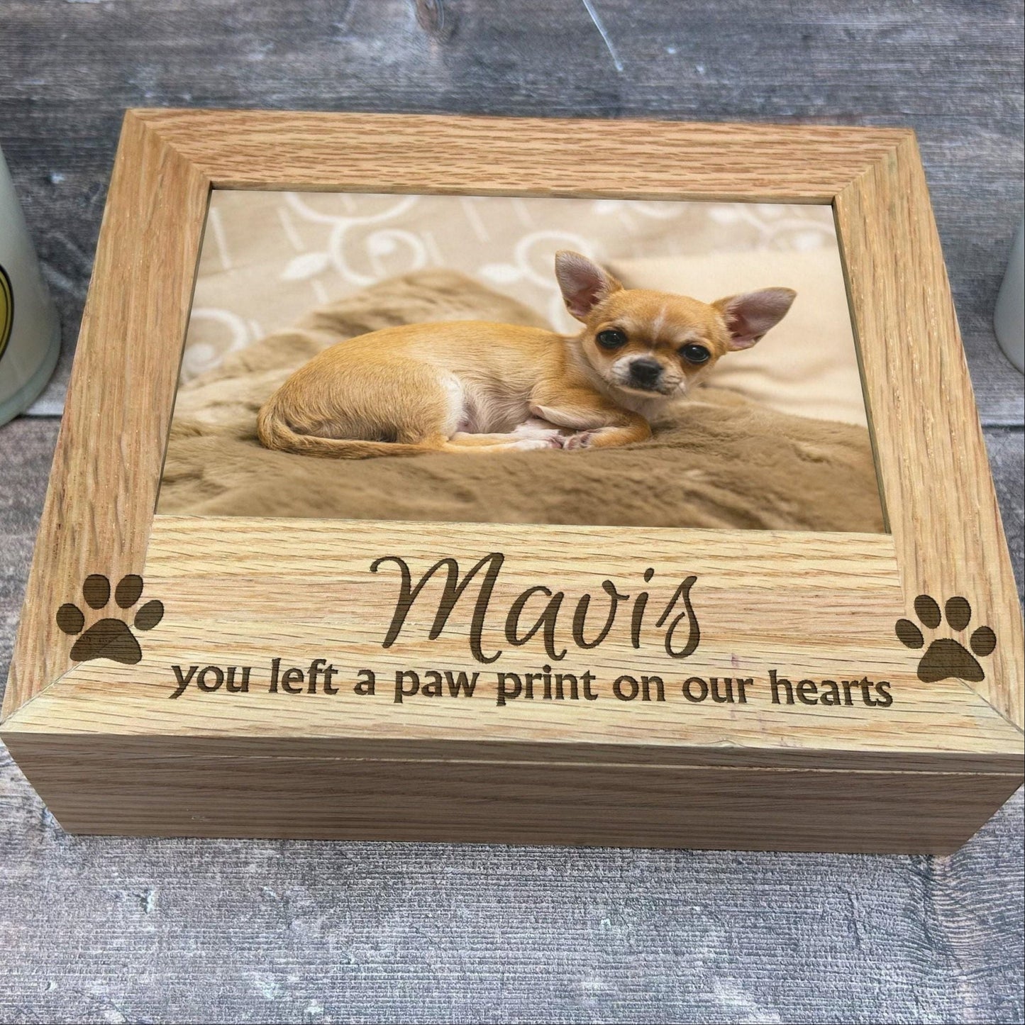 Paw Print On Our Hearts - Dog Cat Pet Loss - Memorial Remembrance Box - Photos 6x4 7x5 Holder - Solid Oak