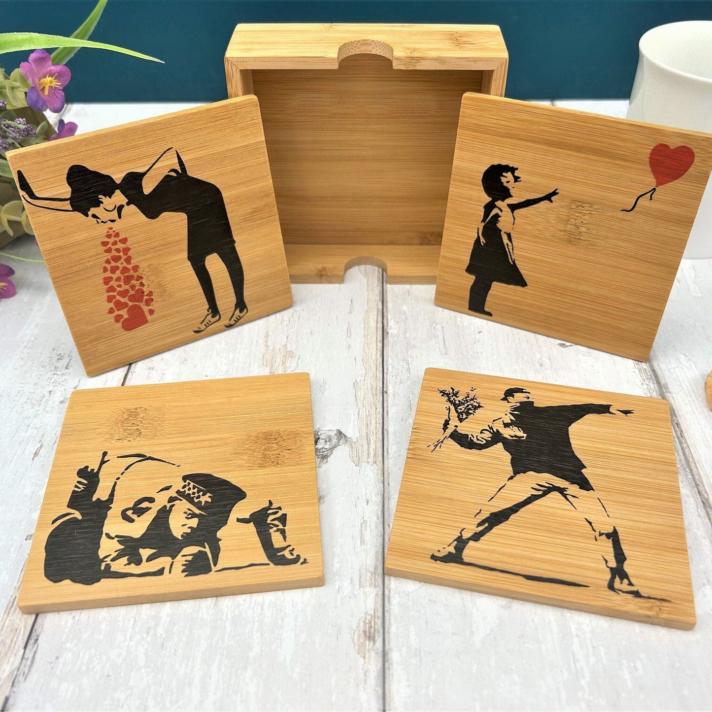 Banksy Painting Artwork Graffiti Bamboo Coaster Set Home Décor House Warming Gift Art Artist