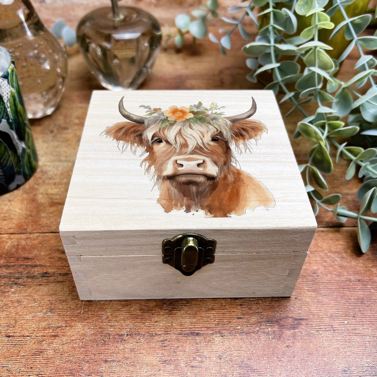 Highland Cow Colourful Wooden Box Trinkets Desk Tidy Clutter Hair Bobbles Stationary Christmas Gift Birthday Present Secret Santa Scotland