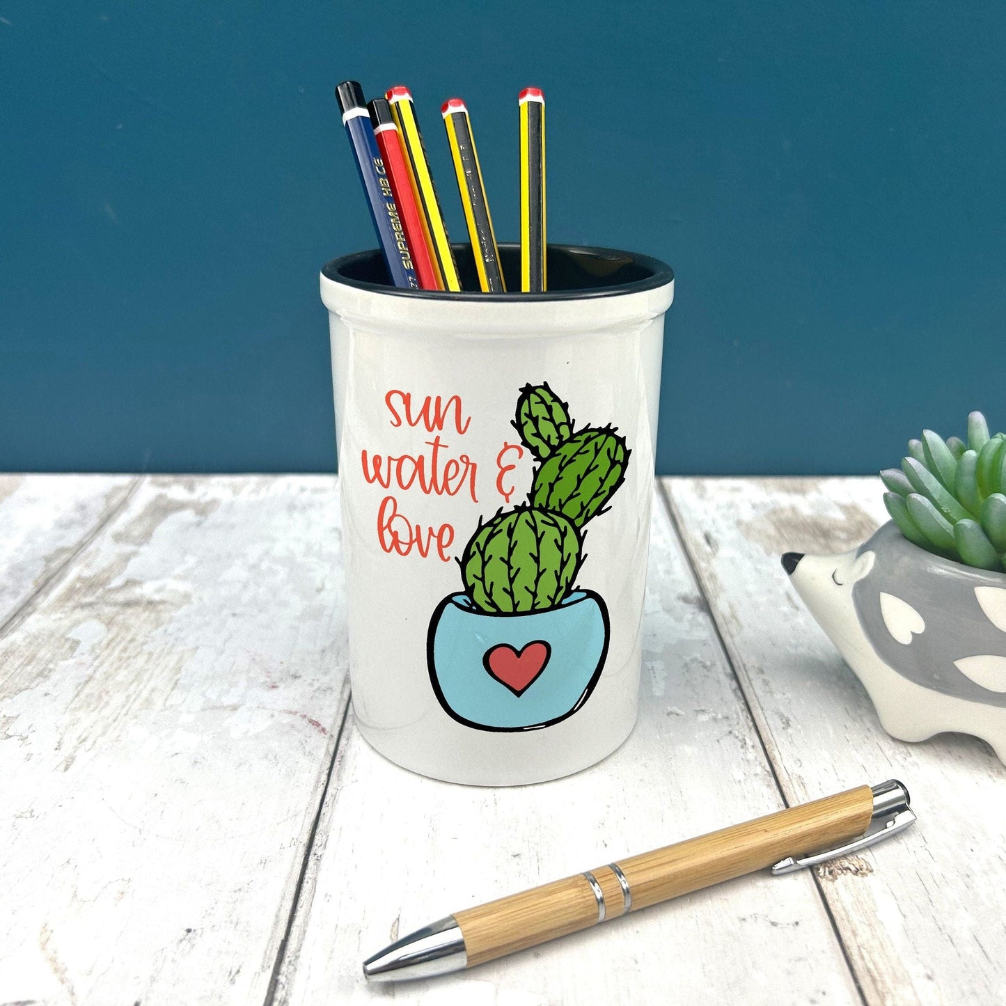 Cactus Sun Water Love Positivity Pencil Pen Pot Stationary Gift
