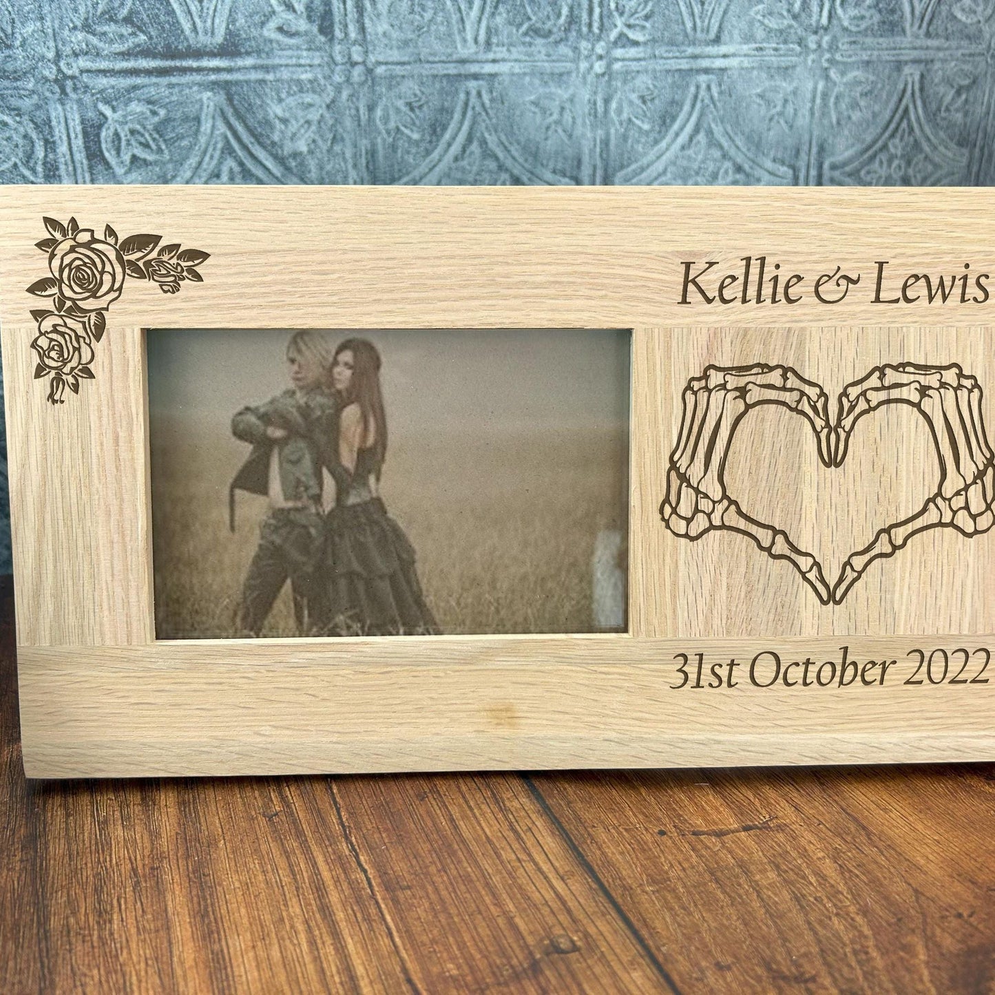 Bone Heart Hands Couple Oak Photo Frame - Wedding Anniversary Personalised Gift