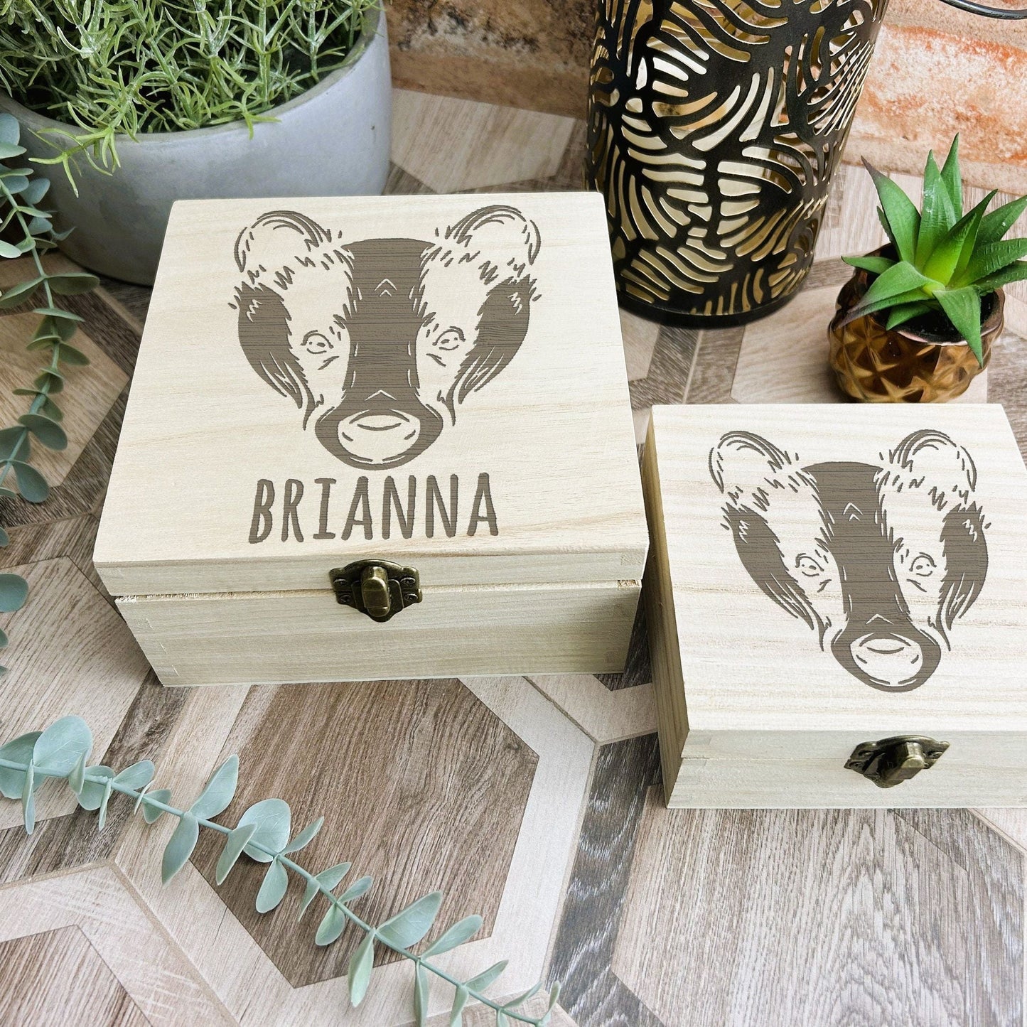 Badger Illustration Engraved Wooden Trinket Jewellery Box Woodland Animal Christmas Gift Birthday Present
