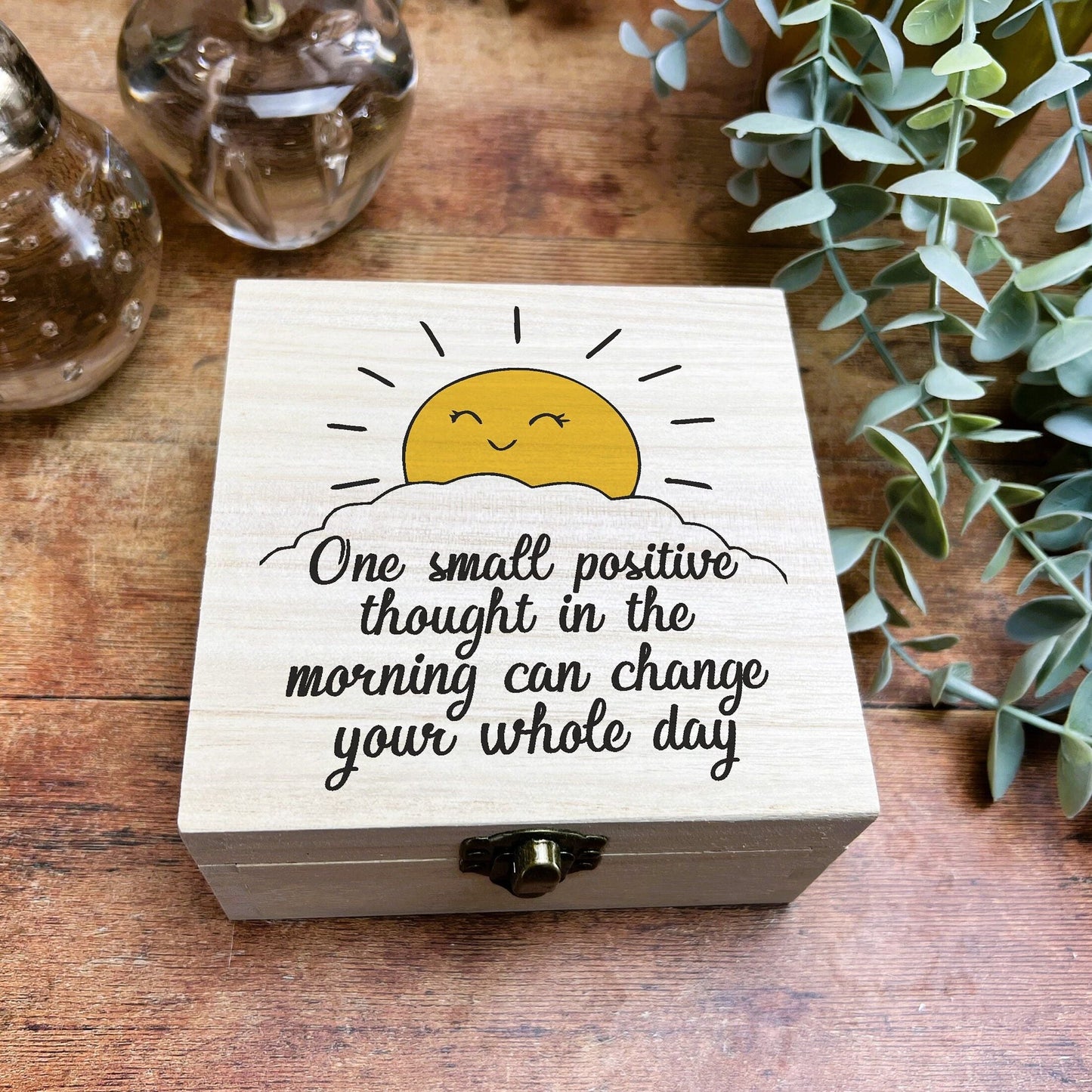 Sun One Small Positive Thought Self Care Colourful Wooden Box Gift Present Trinkets Desk Tidy Clutter Hair Bobbles Stationary