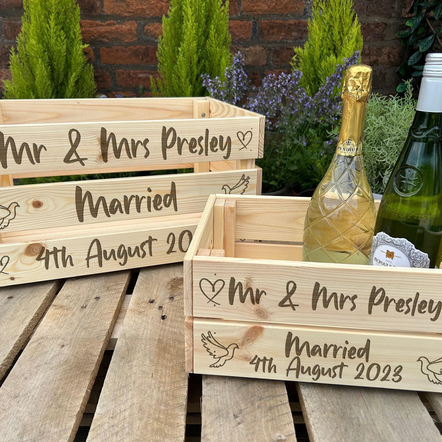 Mr & Mrs Married - Doves Hearts Design - Personalised Wooden Crate Hamper Gift