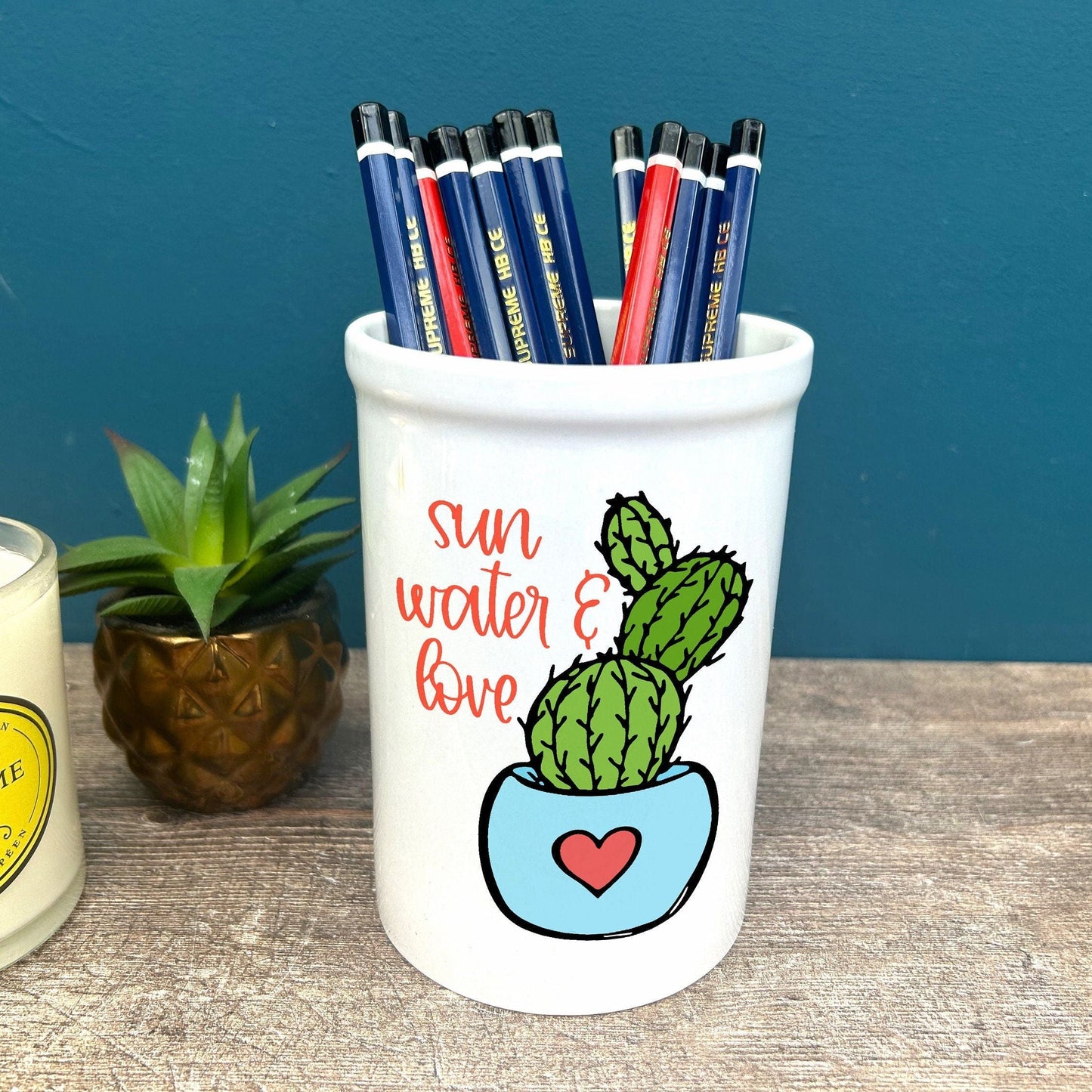 Cactus Sun Water Love Positivity Pencil Pen Pot Stationary Gift