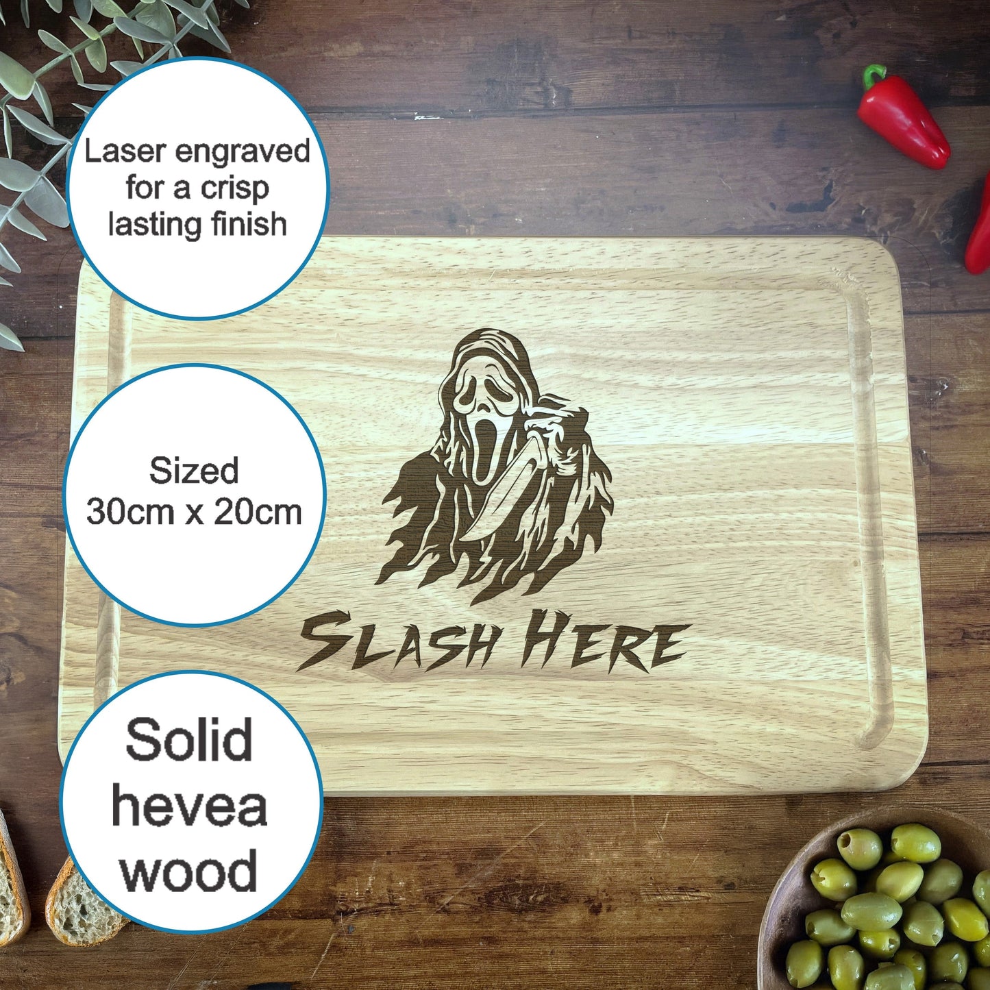 a cutting board with a picture of a man on it