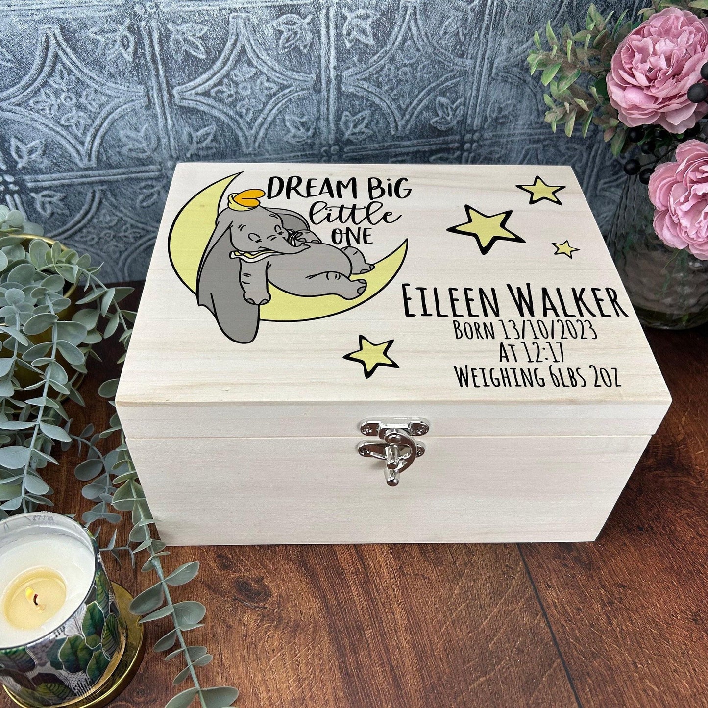 Dumbo Dream Big Little One Christening Day Personalised Wooden Box