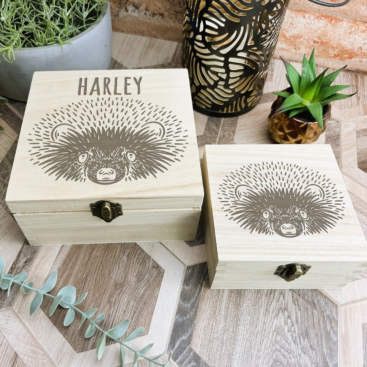 Hedgehog Illustration Engraved Wooden Trinket Jewellery Box Christmas Gift Birthday Present Woodland Animal Secret Santa