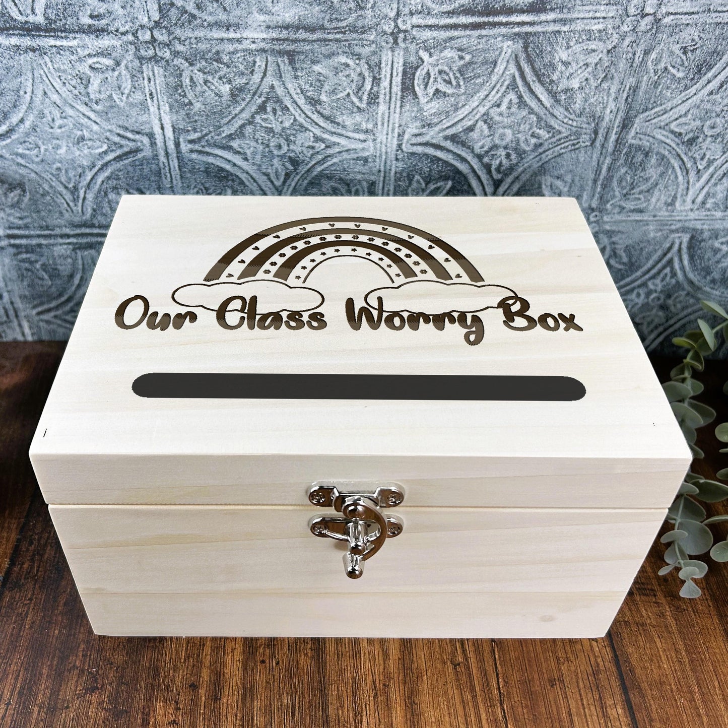 Worry Box Rainbow Heart Engraved Personalised Primary School Dropbox