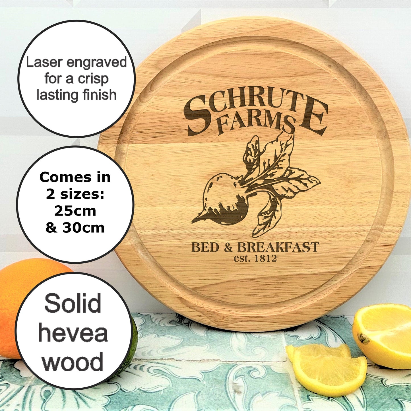 a wooden cutting board with a picture of a lemon and some other items