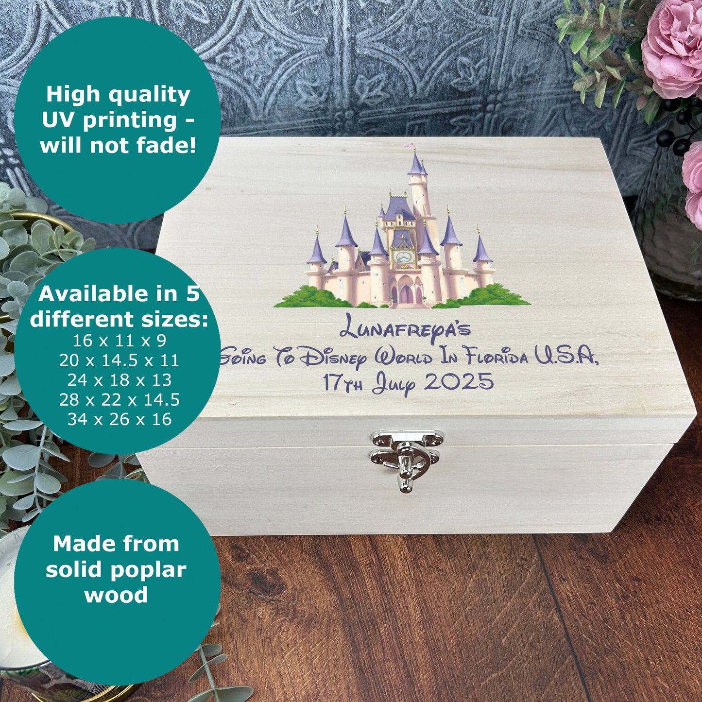 a wooden box with a picture of a castle on it