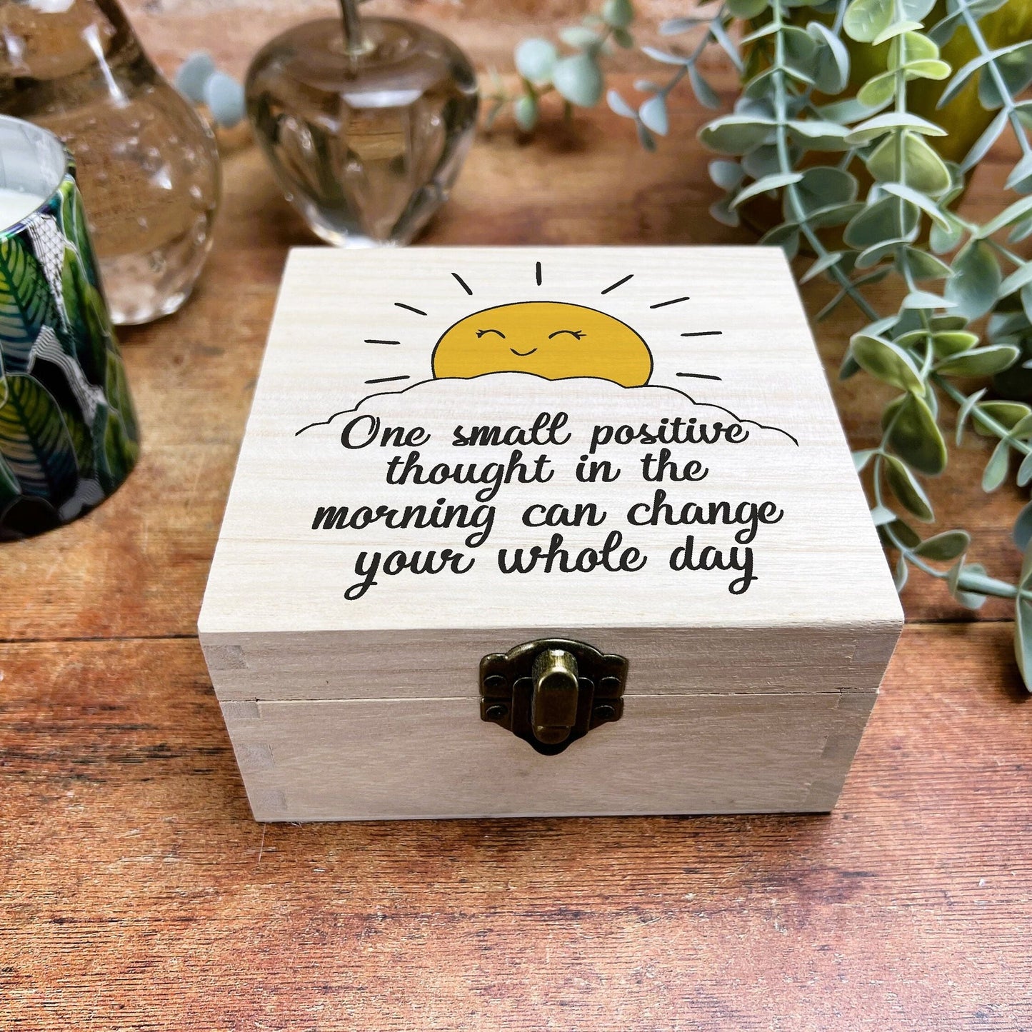 Sun One Small Positive Thought Self Care Colourful Wooden Box Gift Present Trinkets Desk Tidy Clutter Hair Bobbles Stationary