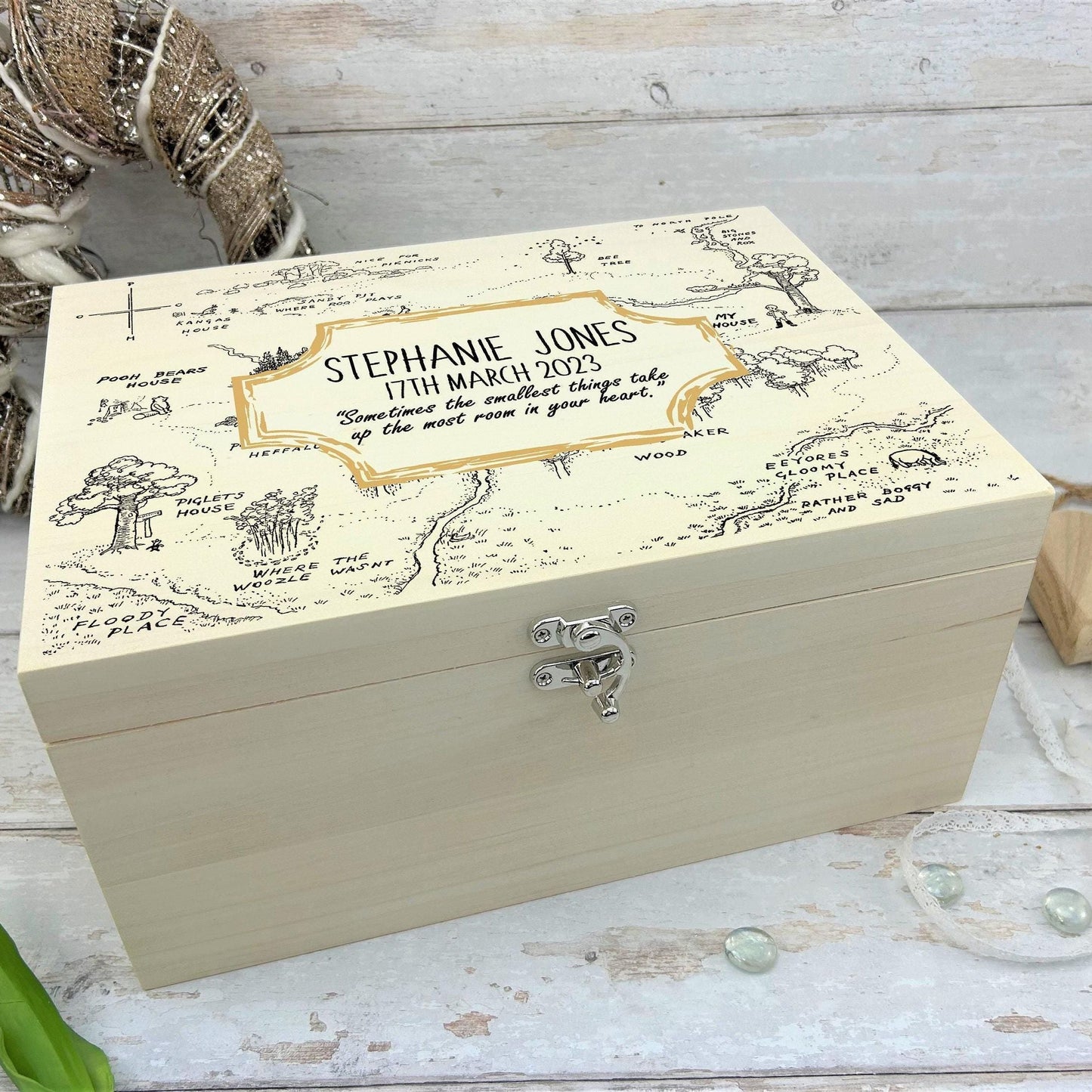 Pooh Bear Wood Map Christening New Baby Personalised Wooden Memory Box Gift