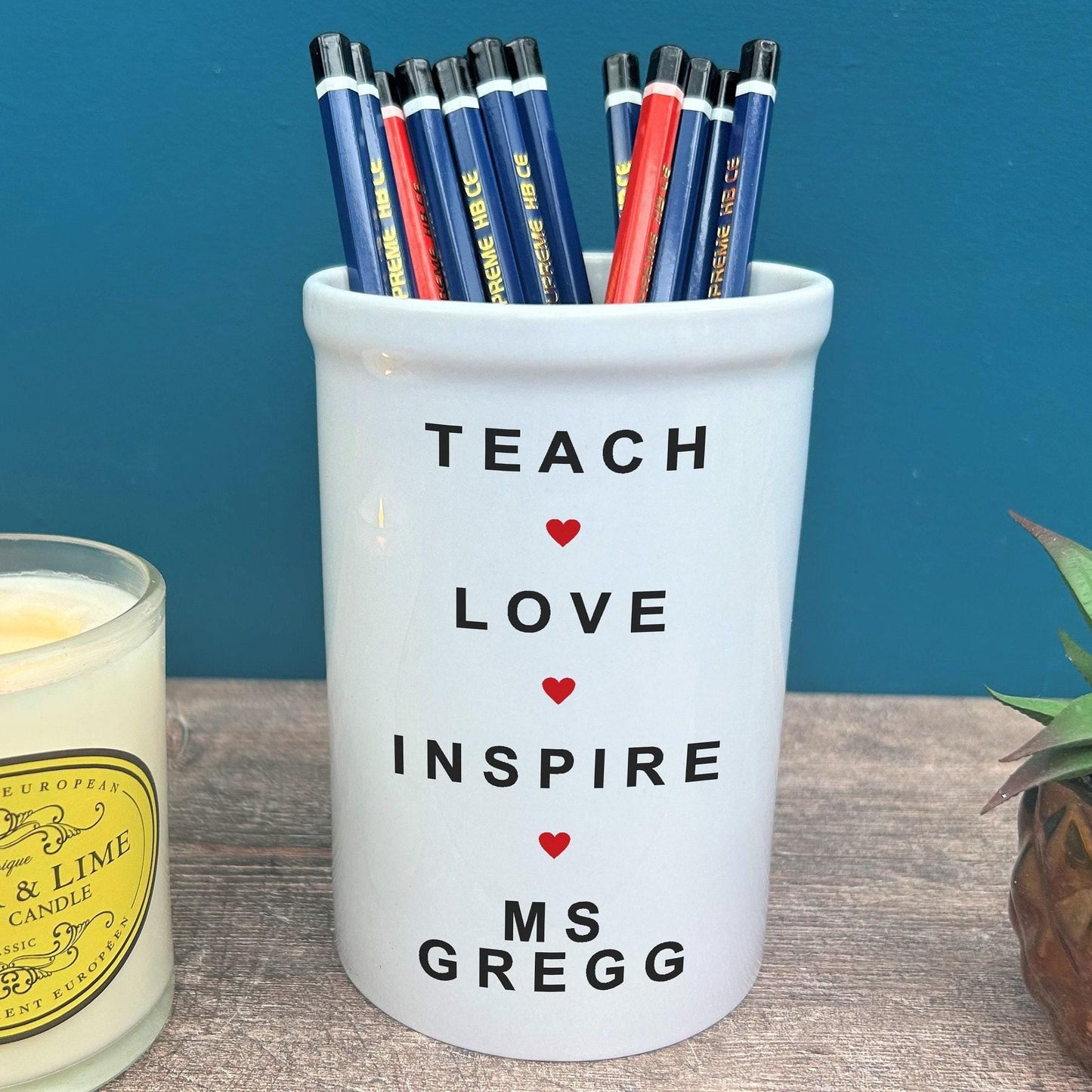 Teach Love Inspire Teacher End of Term School Thank You Pen Pencil Pot Personalised Gift