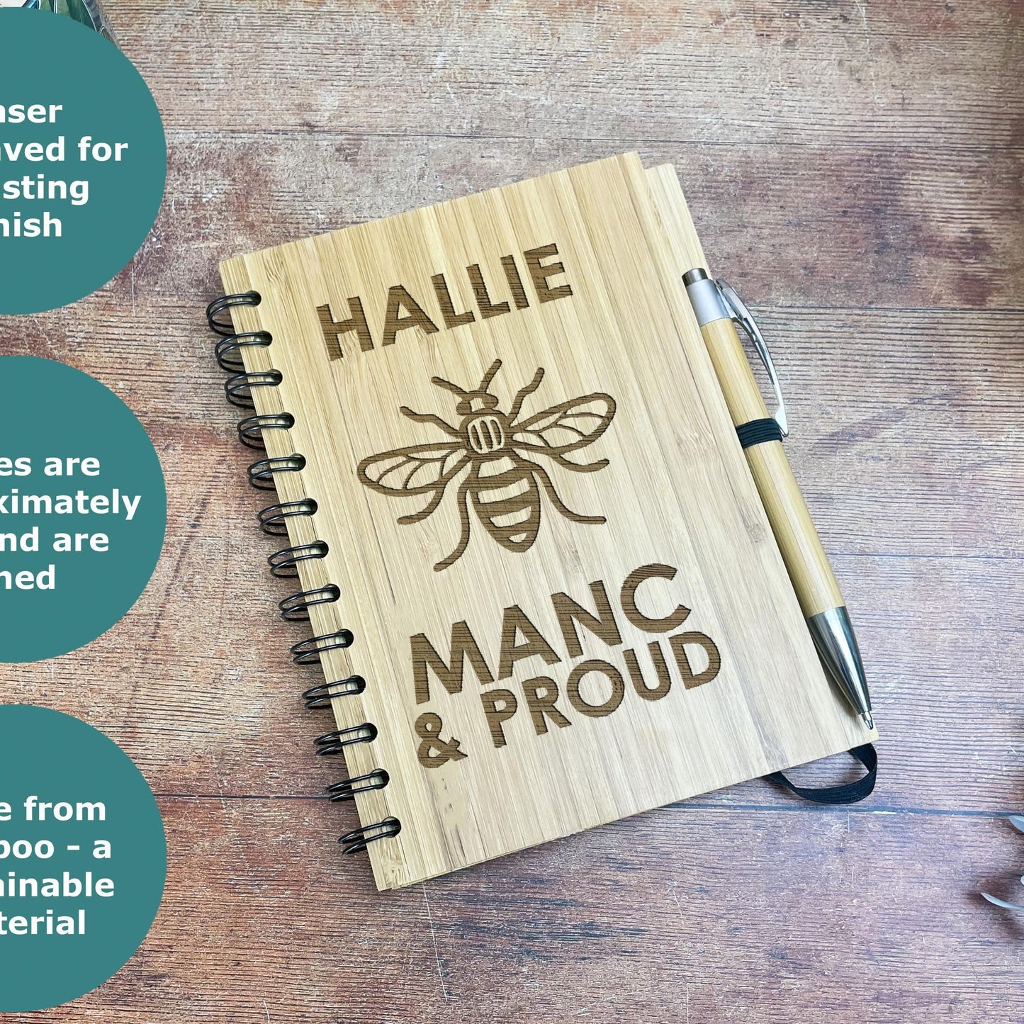 Manc and Proud - Manchester Bee - Personalised Dialect Engraved Notebook Journal Bamboo