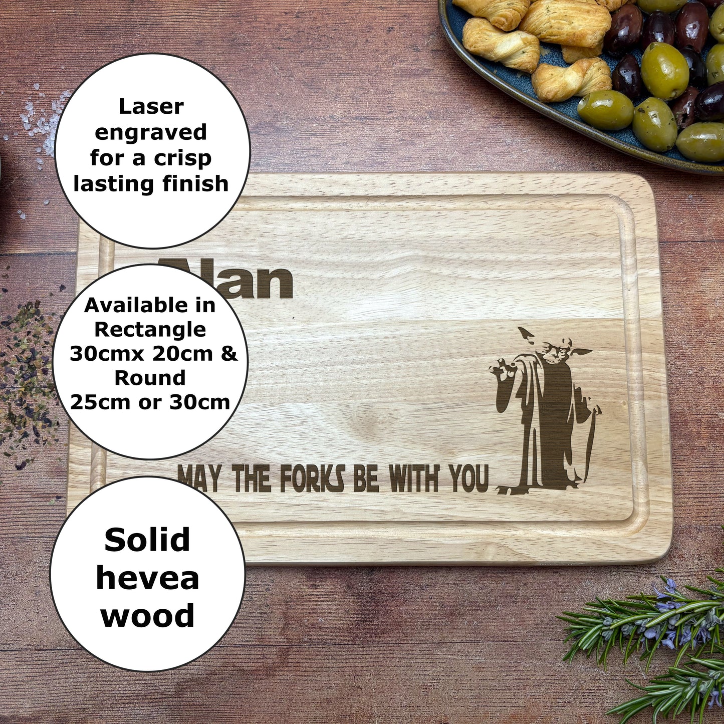 a wooden cutting board with a picture of a man holding a knife