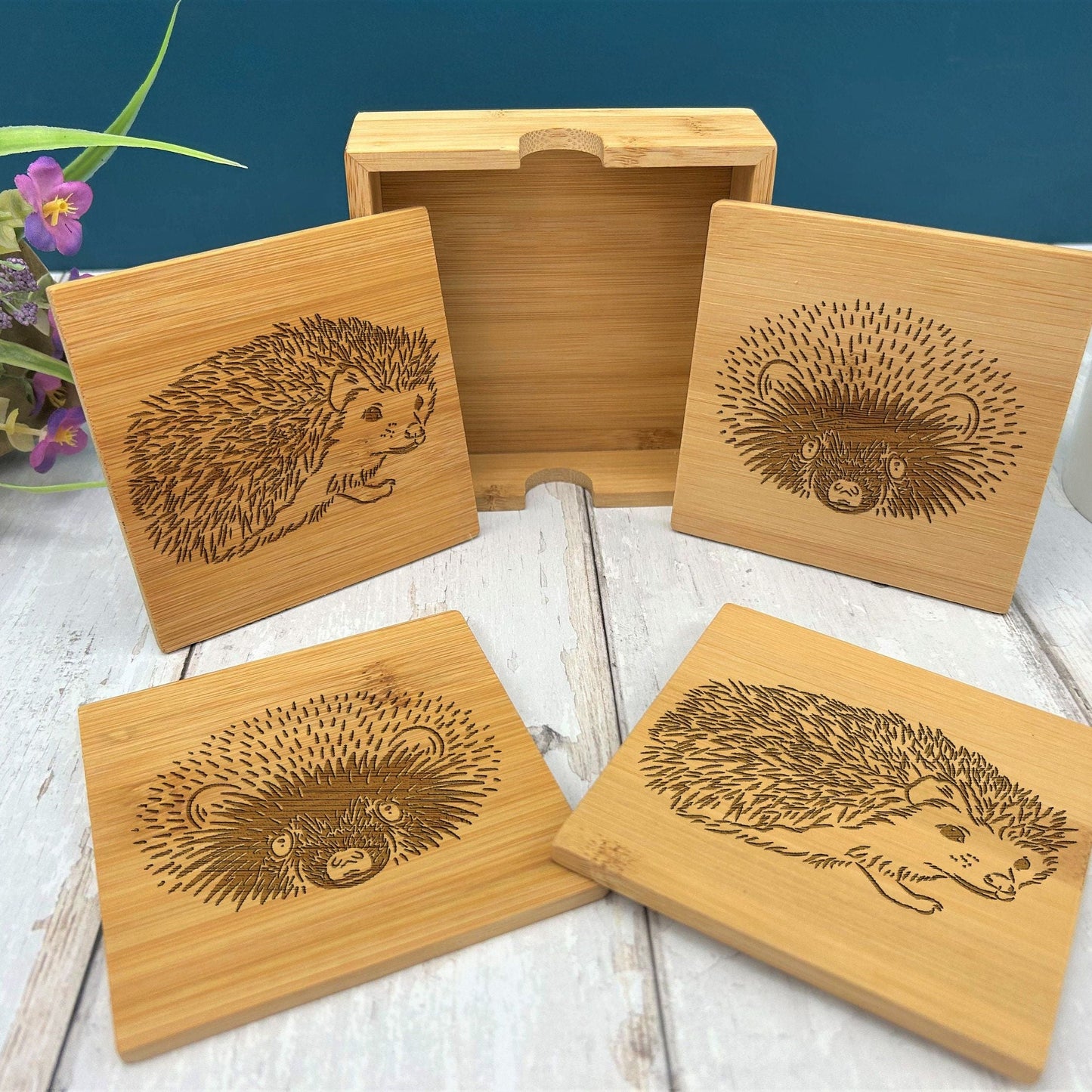 Hedgehog Cottage Core Engraved Bamboo Coaster Set New Home Décor House Warming Gift Christmas Gift Birthday Present Woodland Animal
