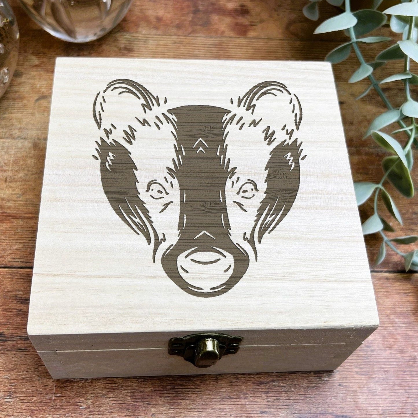 Badger Illustration Engraved Wooden Trinket Jewellery Box Woodland Animal Christmas Gift Birthday Present