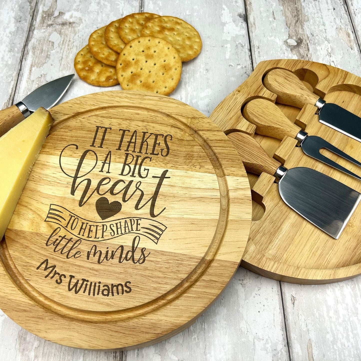 It Takes A Big Heart Cheese Board Set with Utensils - Wooden Engraved Personalised Thank You Gift - Teacher - End of Term