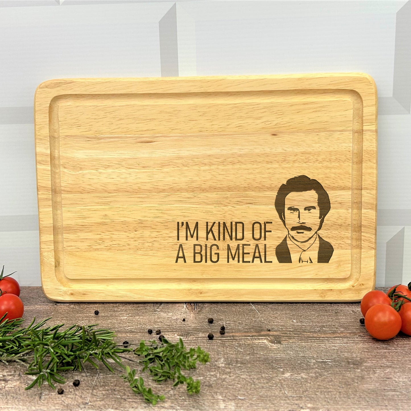 a cutting board with a picture of a man on it