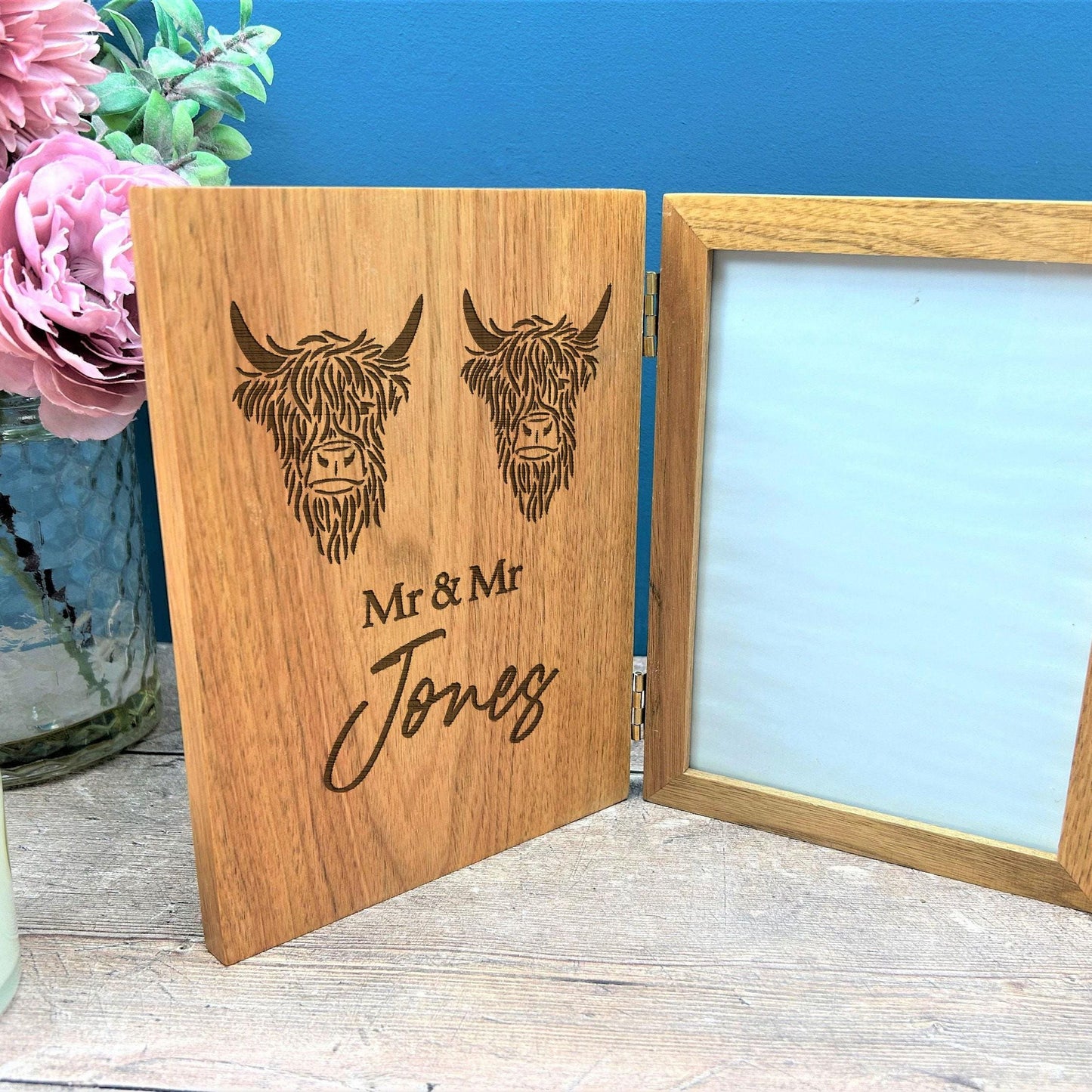 Mr & Mrs Highland Cow Design Personalised Oak Photo Frame - Wedding Gift