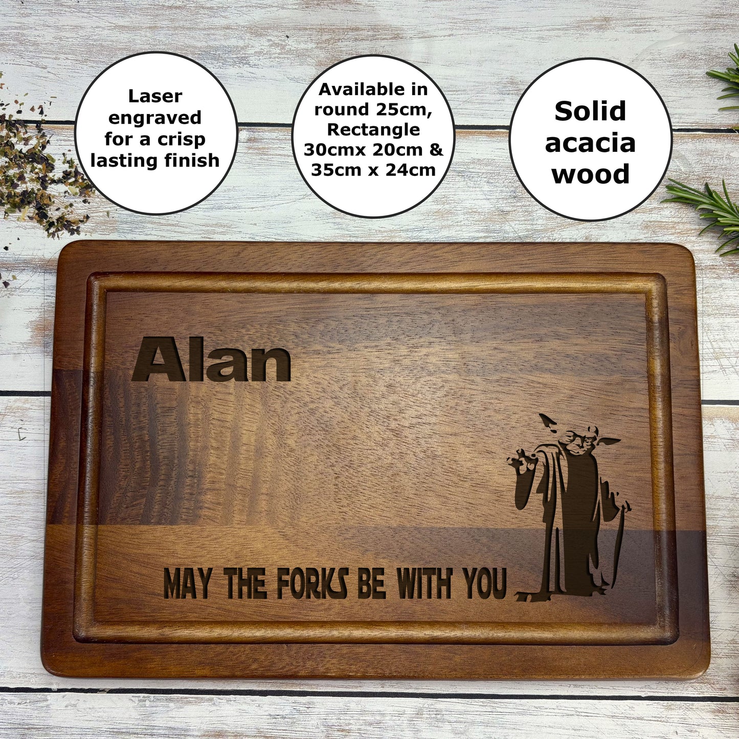 a wooden cutting board with a picture of a wizard on it