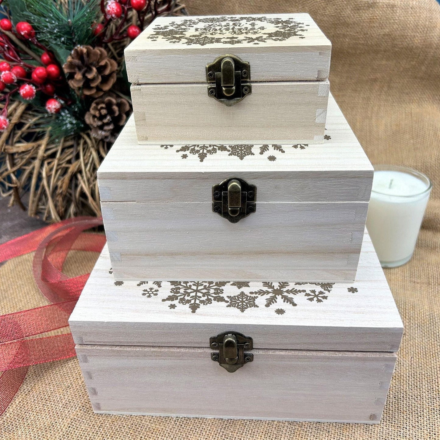 Snowflake Wreath Wooden Personalised Christmas Eve Box
