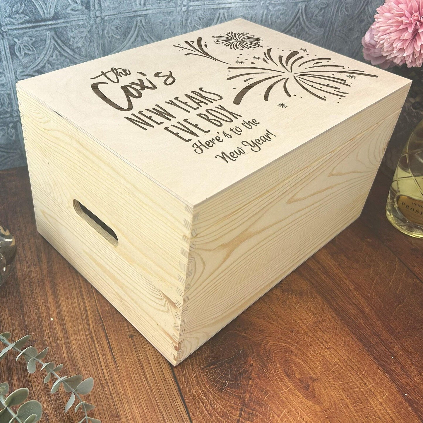 Fireworks New Years Eve Hamper Box Family Personalised Gift Celebration Engraved