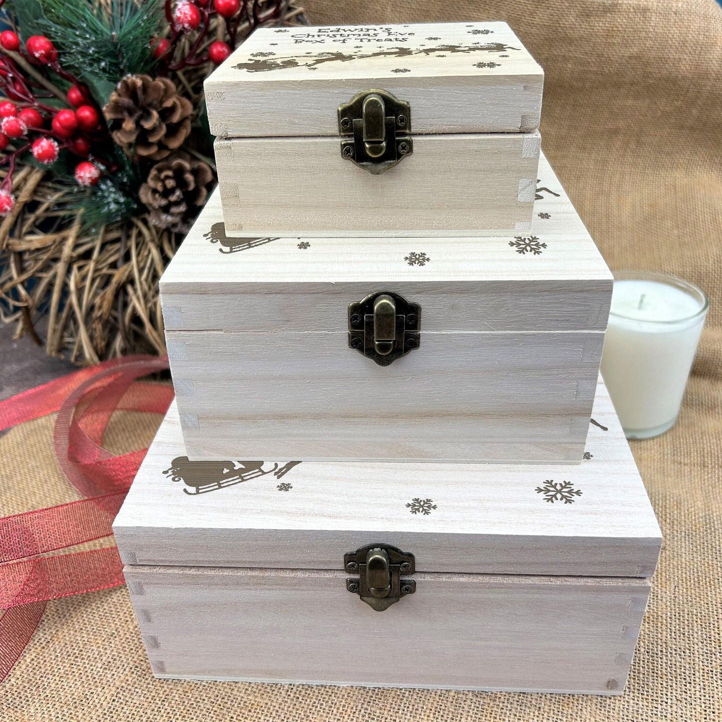 Santa Sleigh and Reindeer Silhouette Engraved Personalised Christmas Eve Box